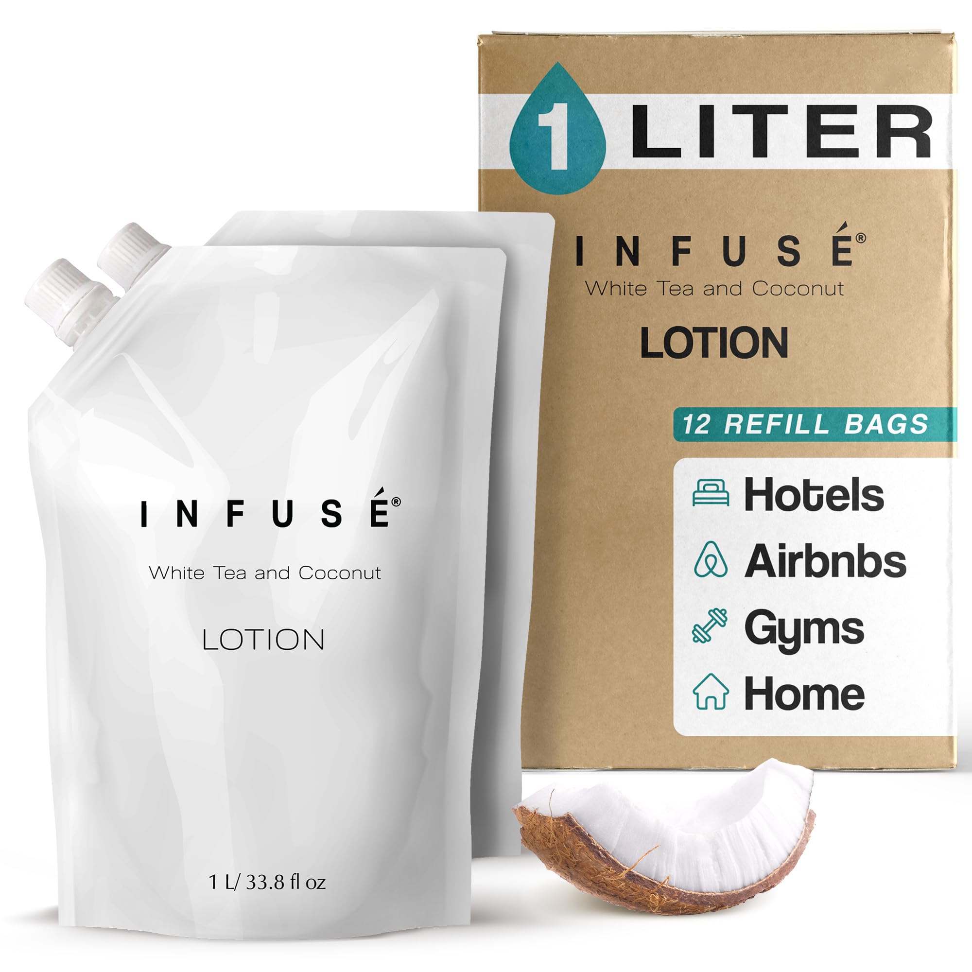 Infuse White Tea & Coconut Scented Lotion Refill - 1 Liter Bulk Pack (12 Count) | Hydrating Body Moisturizer for Dry Skin, Spa & Home Use