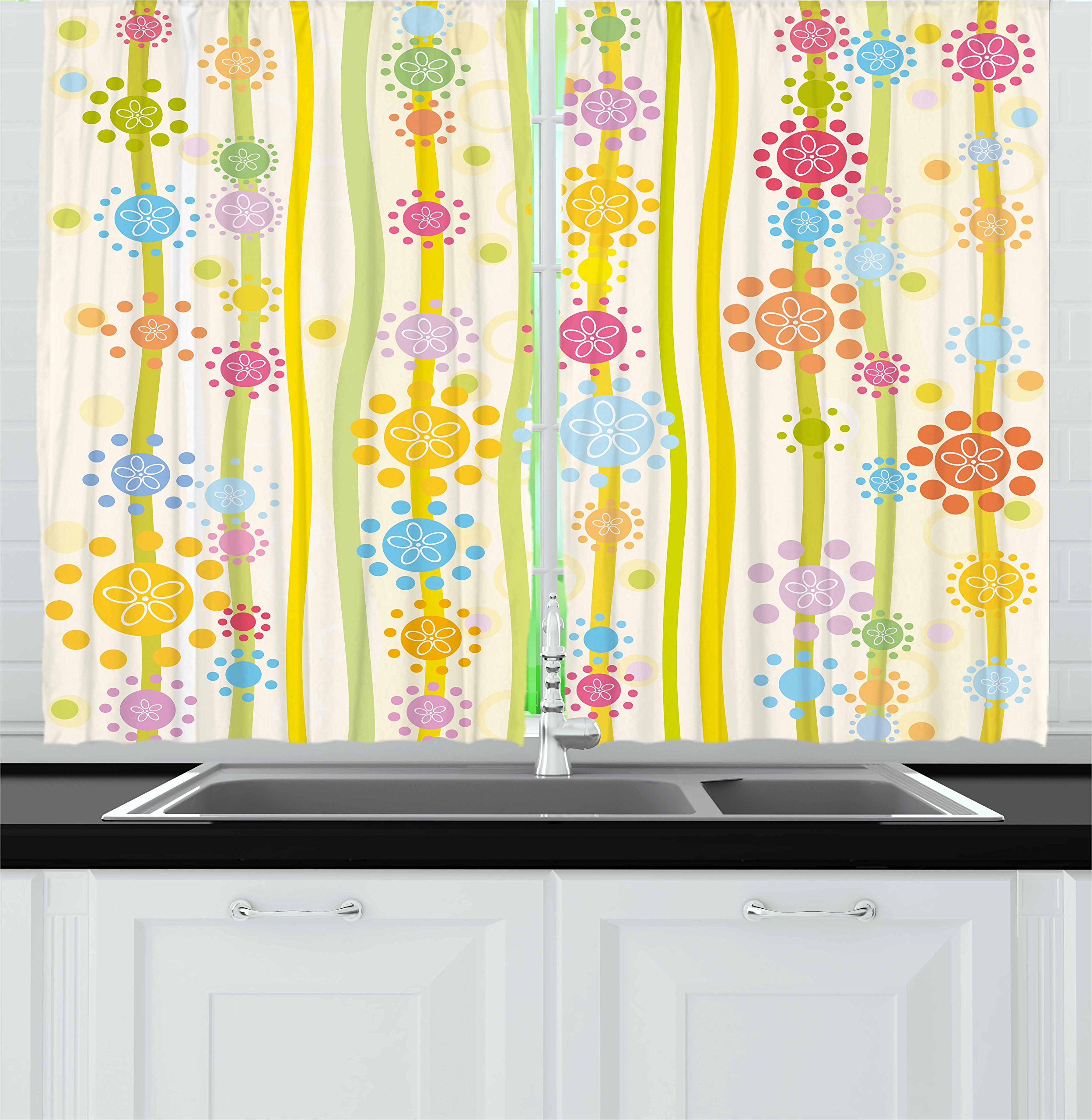 Ambesonne Floral Kitchen Curtains - Colorful Cartoon Style Flowers & Dots Design, 2 Panel Set for Windows (55