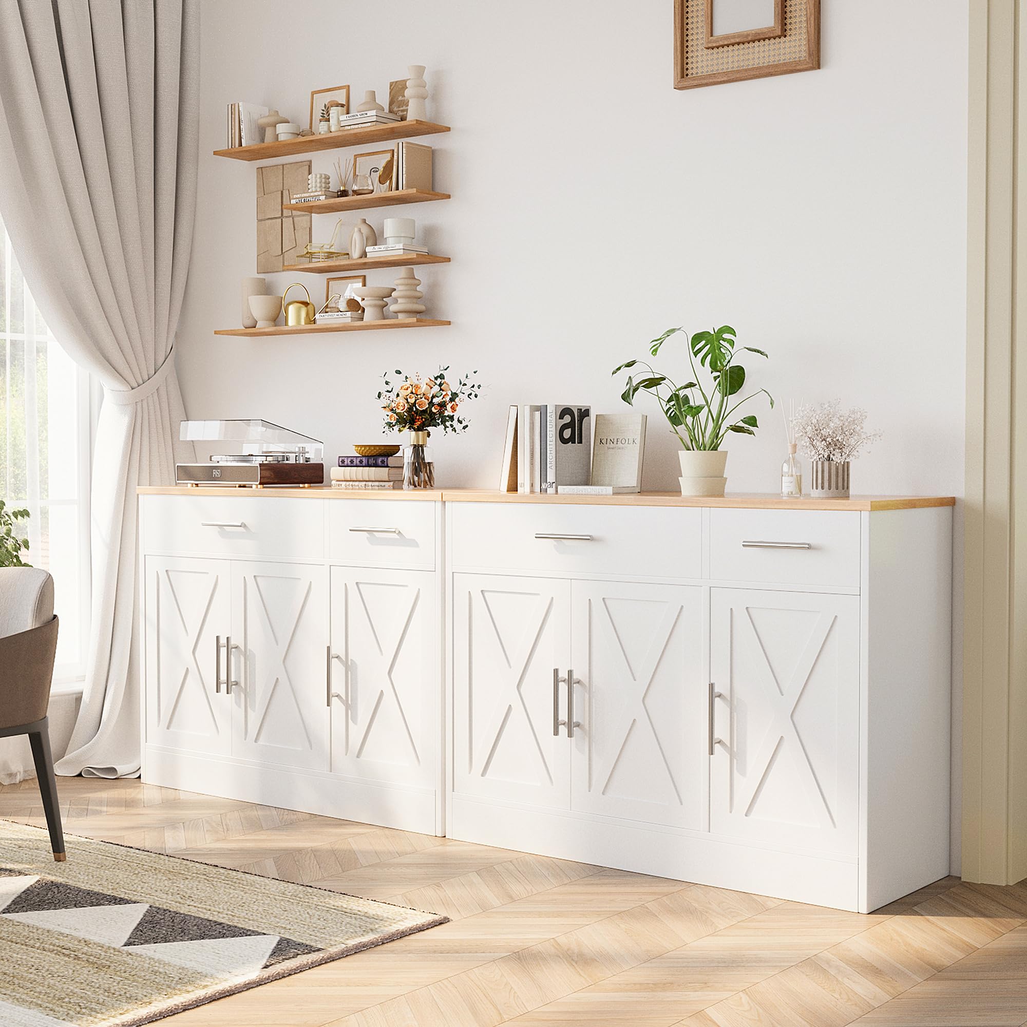 Modern Farmhouse Sideboard Buffet Cabinet with 3 Barn Doors & Adjustable Shelves - 42