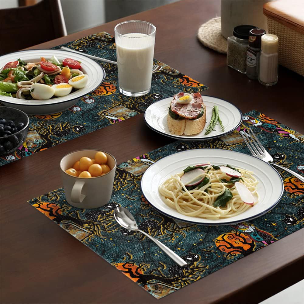 4Pcs Halloween Placemats Set - Cute Sally & Cat Themed Washable Table Mats for Kitchen Dining - Nightmare Before Christmas Decorations - Heat Resistant Holiday Tableware for Halloween & Christmas Parties