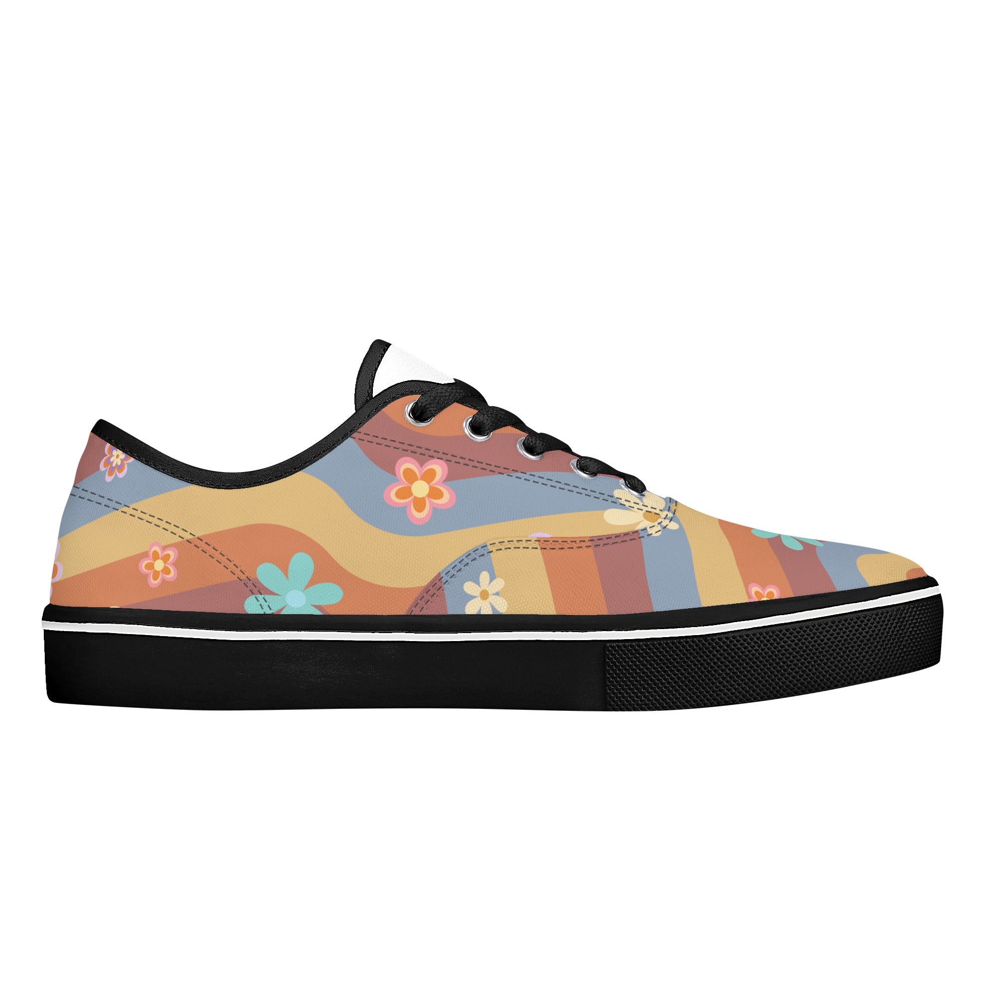 Women's Retro Floral Print Lace-Up Skate Sneakers - Vintage Hippie Style for Casual Wear & Street Fashion