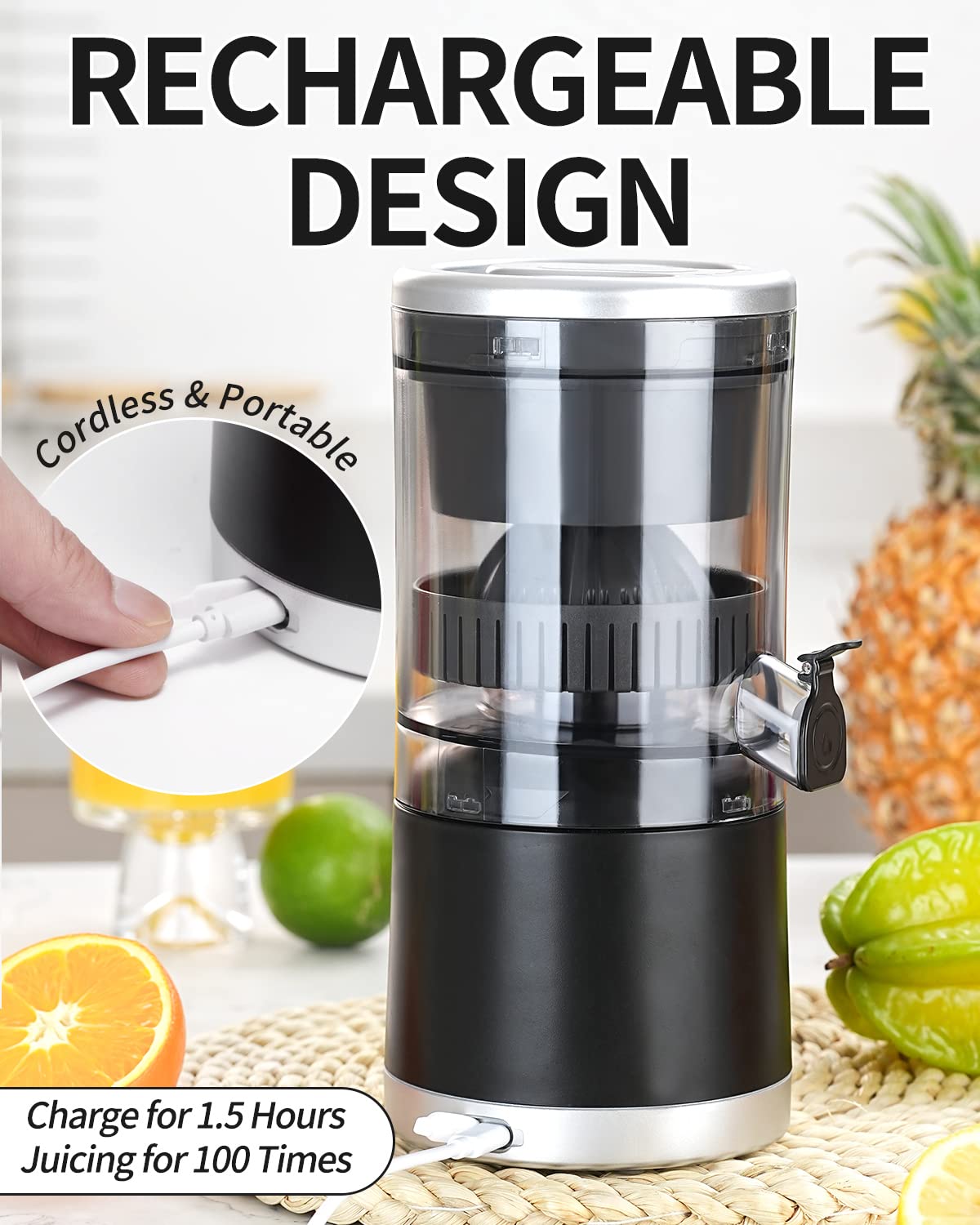 Rechargeable Citrus Juicer - Portable USB Electric Juicer for Oranges, Lemons & Grapefruits with Cleaning Brush | Perfect for Travel, Camping & Home Kitchen Use