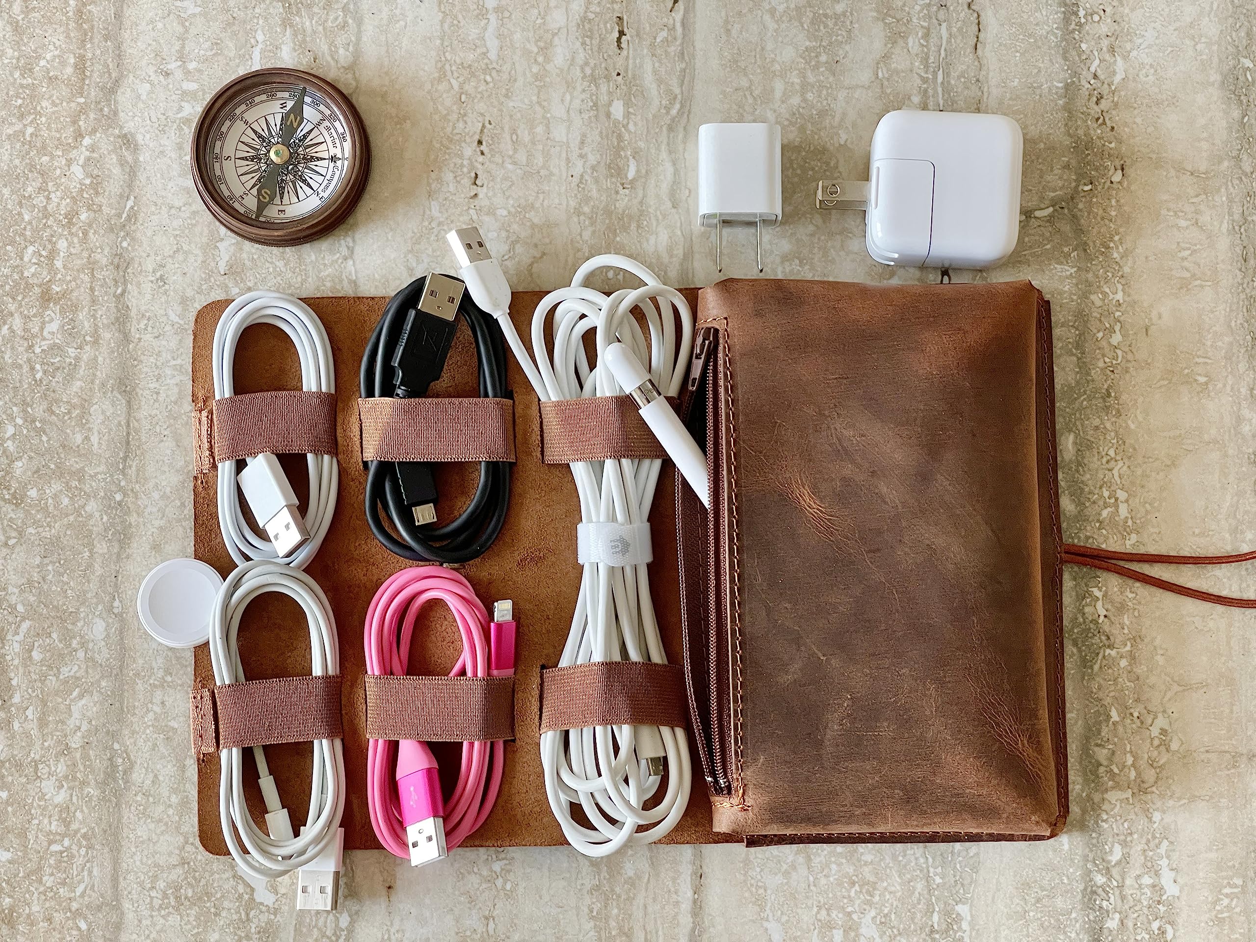 Genuine Leather Electronic Cable Organizer Bag - Handmade Travel Cord Storage Roll Case for Hard Drives, Chargers, Phones, USB Cables & SD Cards - Medium Brown - Perfect for Office, Travel & Home Organization