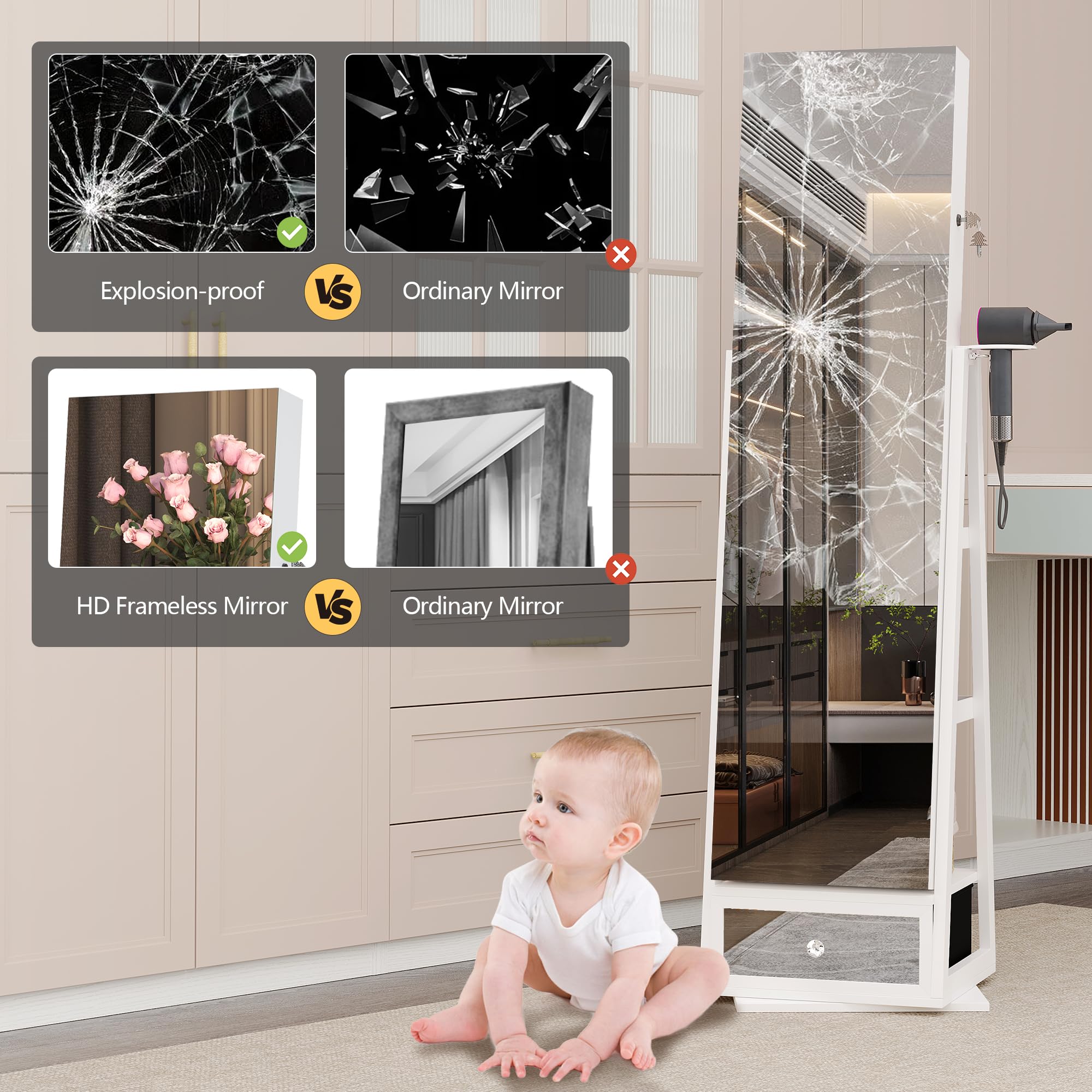 Full Length Mirror with Jewelry Armoire Storage - 360° Rotating Standing Jewelry Organizer Cabinet with LED Lights, Sliding Mirror & Large Capacity for Bedroom, Dressing Room, Closet (White) - Perfect for Organizing Necklaces, Rings & Accessories
