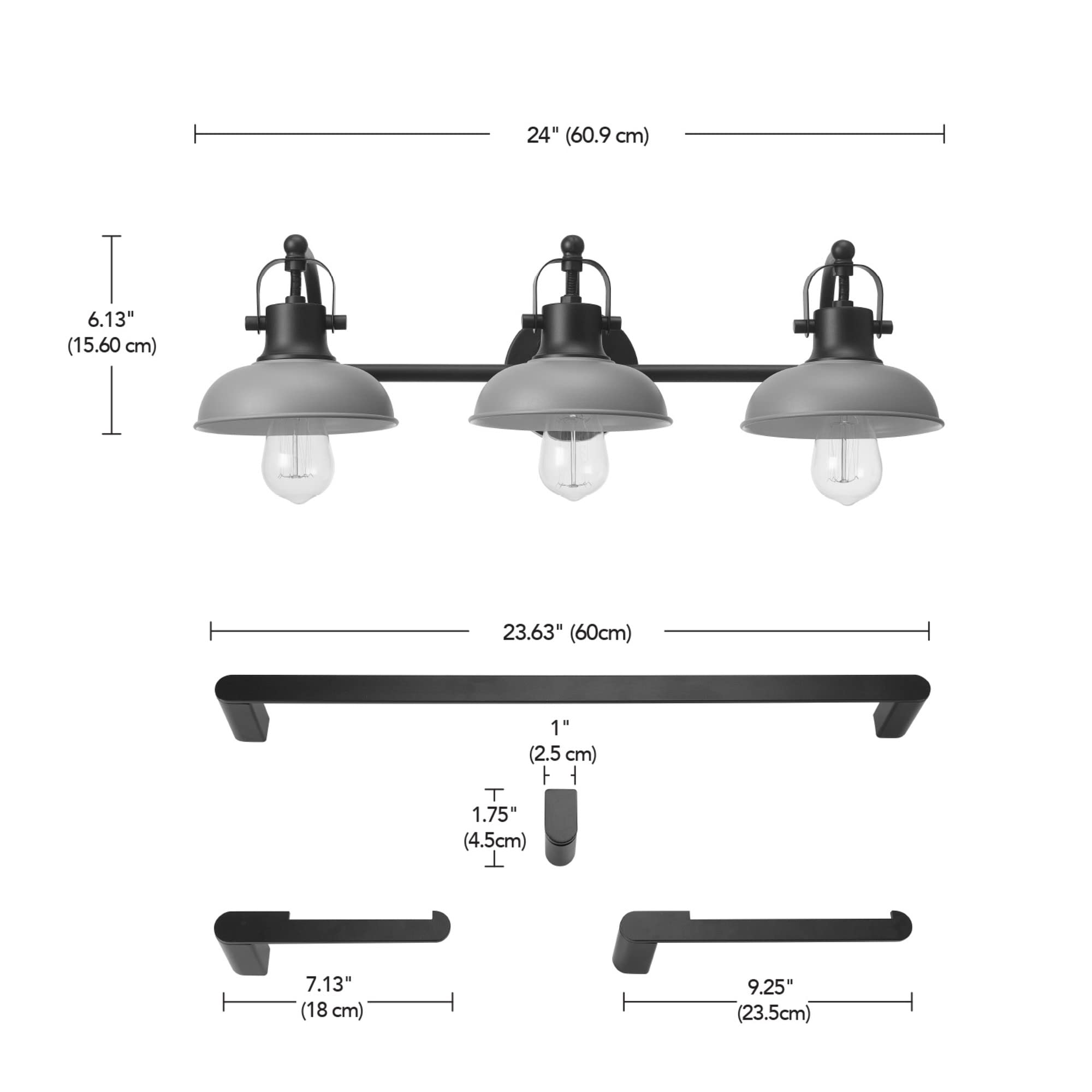 Globe Electric 52065 Gladstone 5-Piece Bathroom Hardware Set - Matte Black Vanity Light with Gray Metal Shades, Towel Bar, Ring, Robe Hook & Toilet Paper Holder | Modern Bathroom Decor for Home Renovation & Spa-Style Upgrade