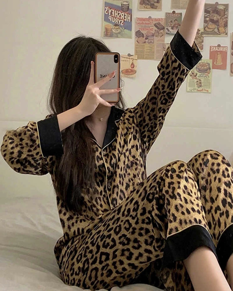 Luxury Wide Hem Leopard Print Silk Pajama Set for Women - Soft & Comfortable Sleepwear for Nighttime Relaxation and Lounging at Home