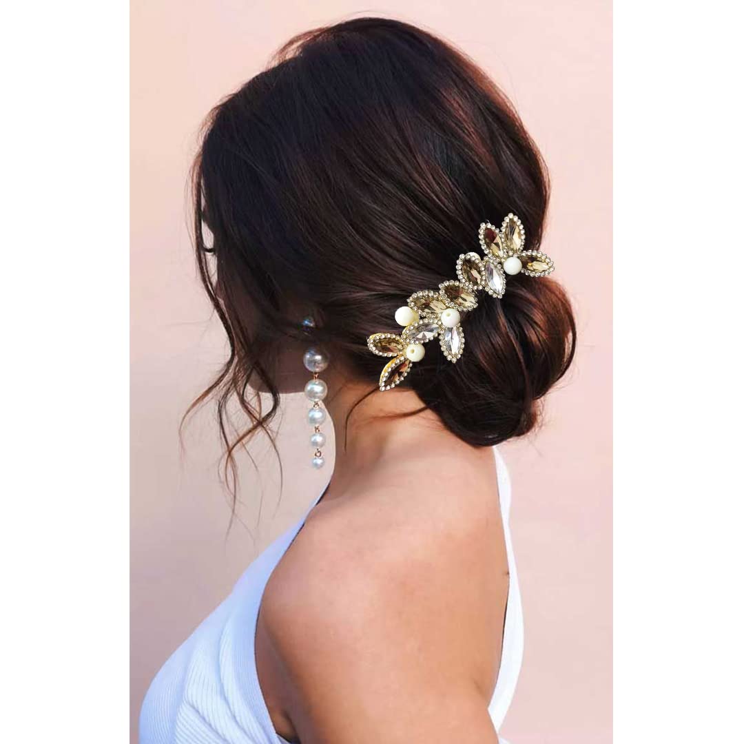 Elegant Golden Hair Comb Slide with Stone and Pearl - Women's Bridal Hair Accessories for Weddings, Prom, and Special Occasions