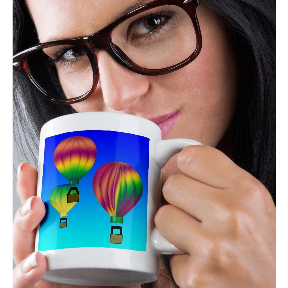 3D Rose Colorful Hot Air Balloon Ceramic Mug 11 oz - Blue Sky Background Graphic Design - Perfect for Coffee, Tea & Office Use