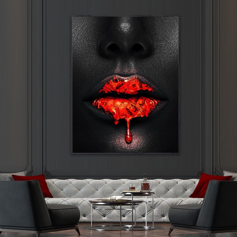 Black Women Red Lips Art - Dripping & Seductive Canvas Wall Decor - Perfect for Living Room, Bedroom & Office Aesthetic