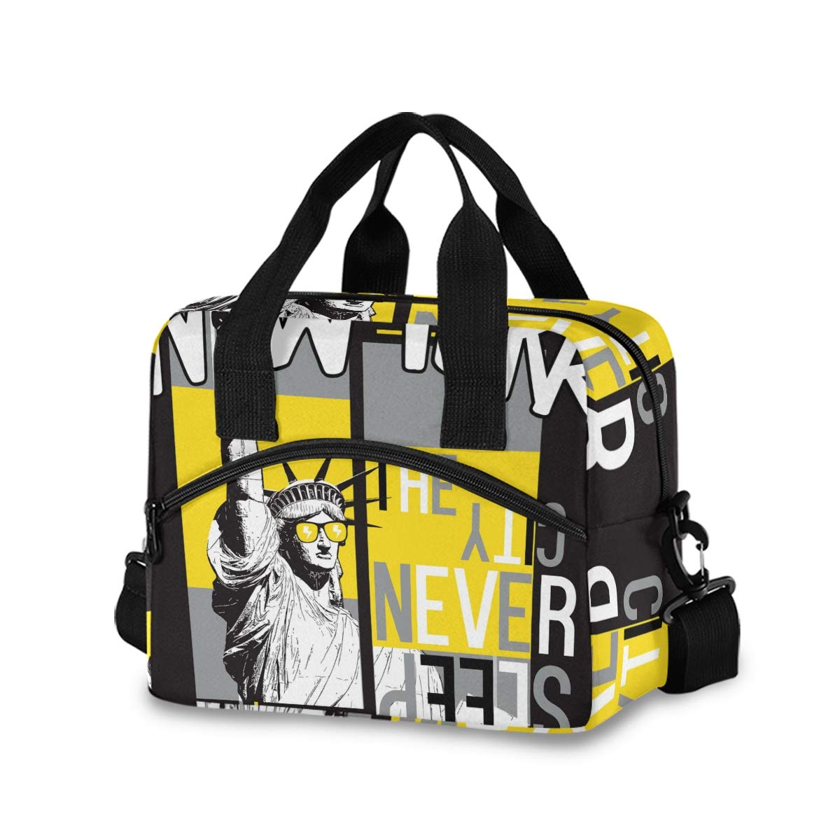 Insulated Lunch Box Tote Bag with Detachable Shoulder Strap - Hand Drawn New York Design for Women & Men - Reusable Cooler Bag for Work, School, Picnic, Beach & Outdoor Activities