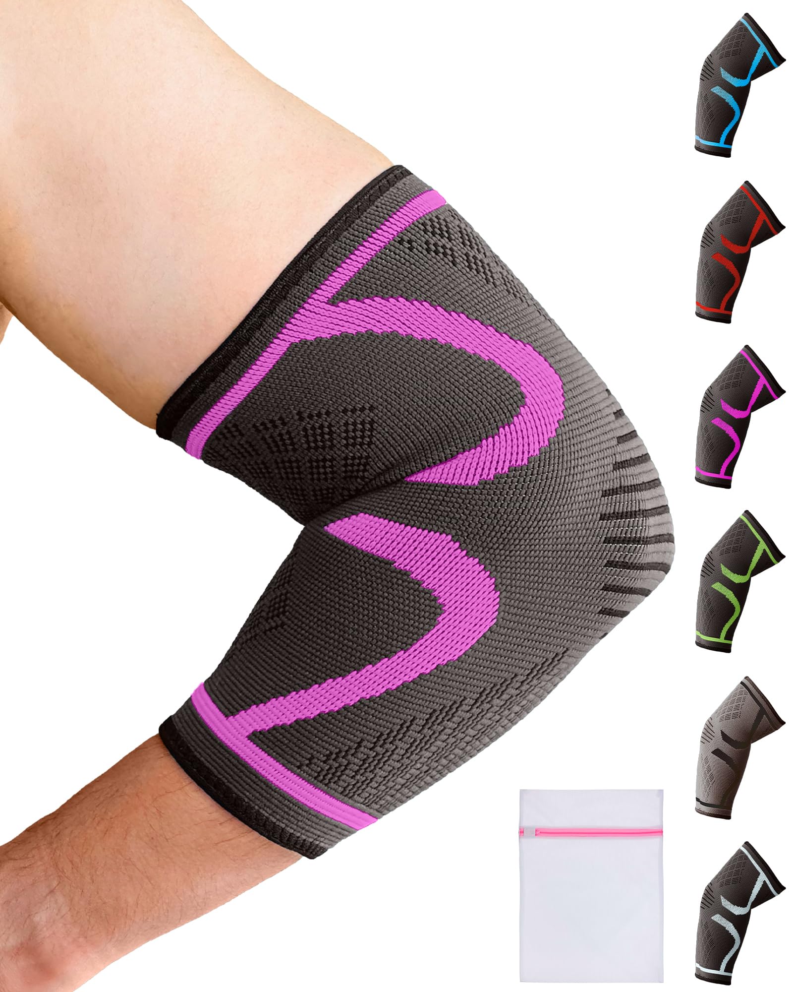 360 RELIEF Compression Elbow Support Sleeve - 1 Pack for Men, Women & Kids - Tennis Elbow & Golfers Elbow Brace for Sports, Fitness, Gym & Weightlifting - Large Size, Pink with Free Laundry Bag - Perfect for Pain Relief During Workouts & Daily Activities