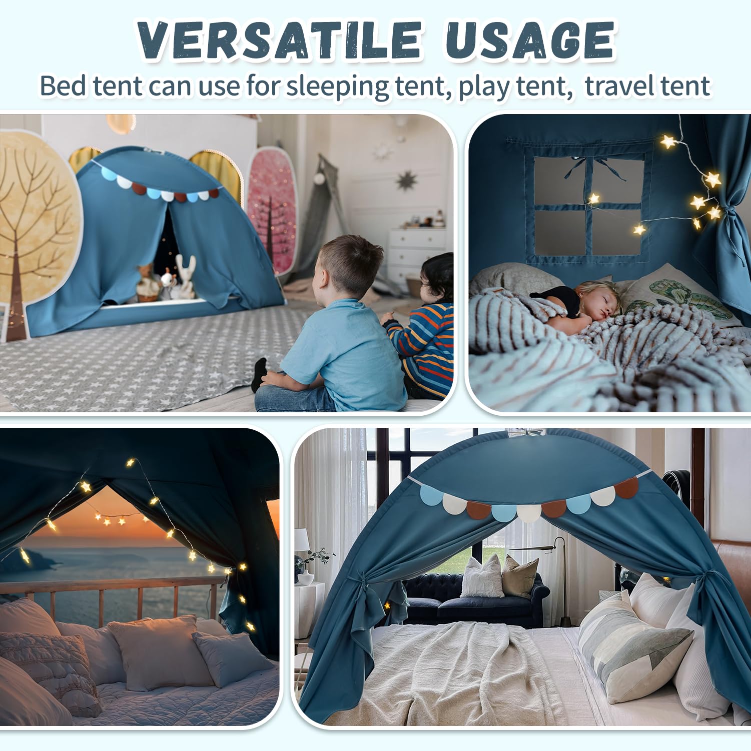 Kids Twin Bed Tent - Indoor Canopy Privacy Tent for Boys & Girls, Blue Jean Color - Perfect for Sleepovers, Reading Nooks & Drafty Rooms