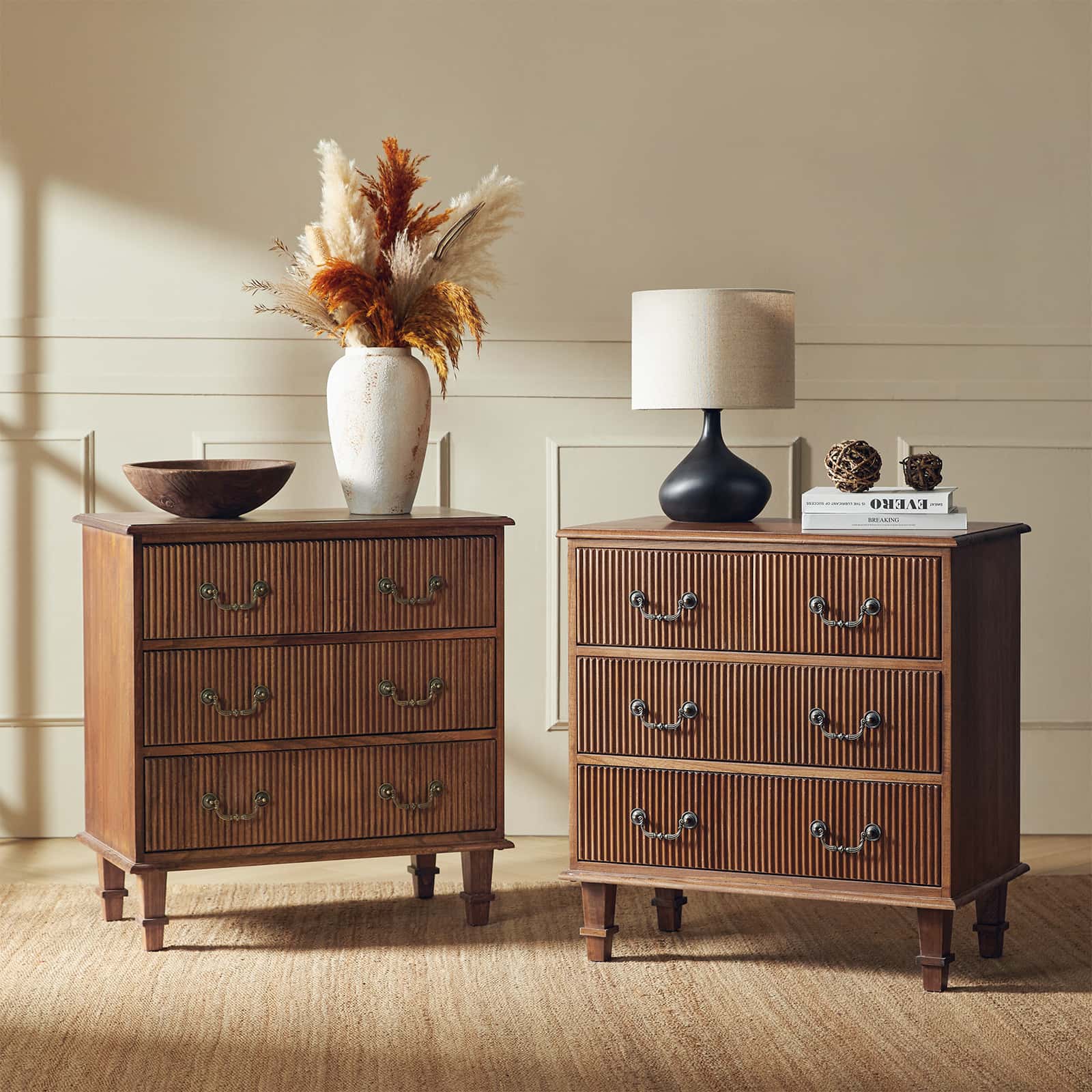 Rustic 3-Drawer Nightstand with USB Charging Station - Solid Wood Bedside Table for Bedroom, Living Room & Guest Room | Galatea Optional Types