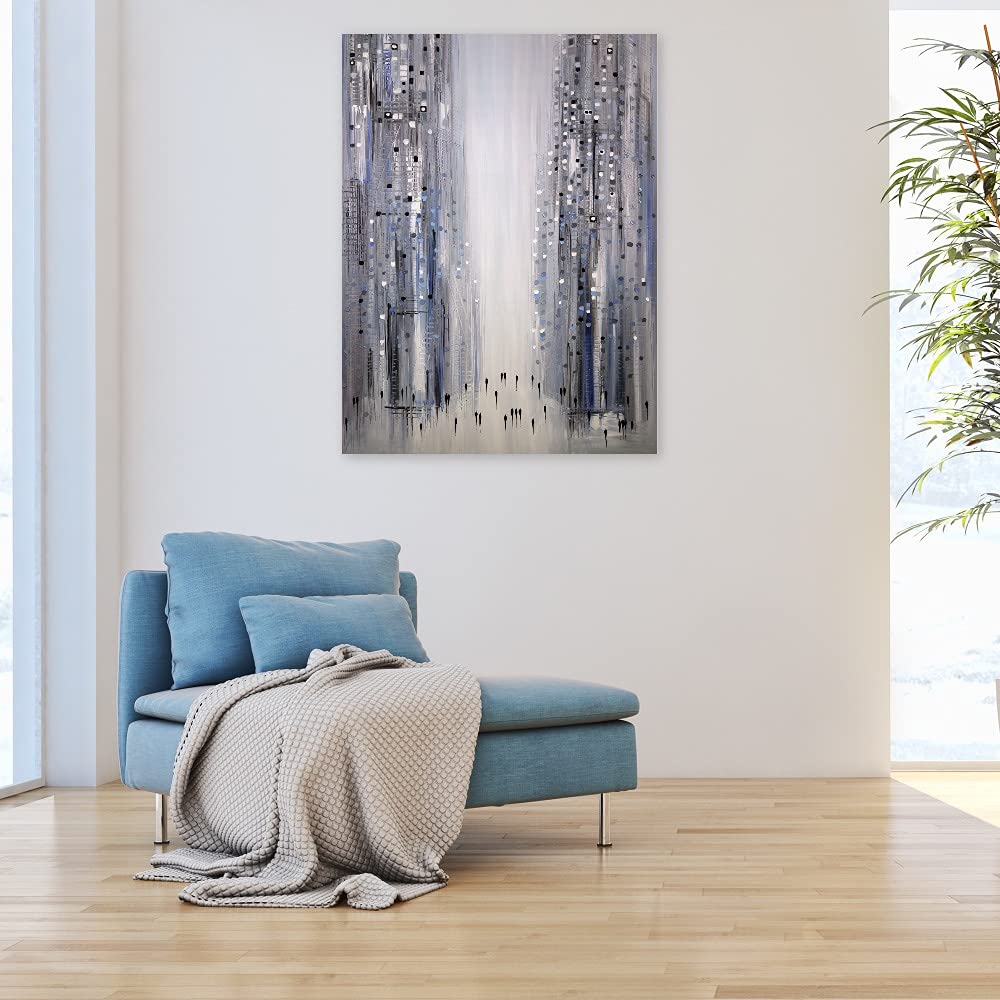 City Dreaming Canvas Wall Art - Hand Painted Fine Art by Ekaterina Ermilkina - 24x32 Inch Ready to Hang Painting for Living Room, Bedroom, Office Decor - Perfect for Home, Hotel & Commercial Spaces