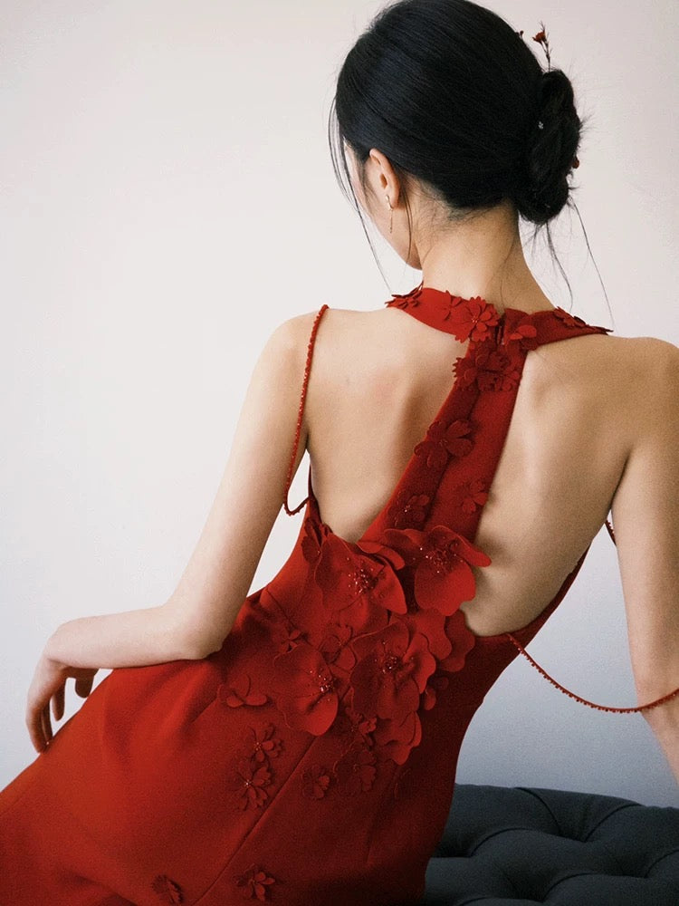 Elegant Mermaid Red Formal Party Dress with 3D Floral Appliques - Perfect for Evening Gala, Prom, Wedding Guest & Special Occasions
