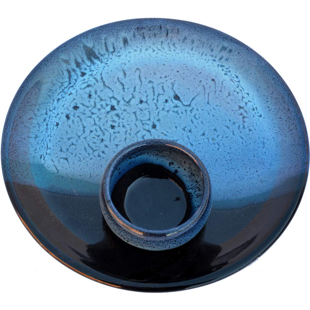 Handmade Ceramic Chip and Dip Party Platter Set - Waterfall Glaze Serving Dish with Dipping Bowl - Traditional Polished Stoneware Appetizer Plates - Perfect for Entertaining, Parties, and Family Gatherings