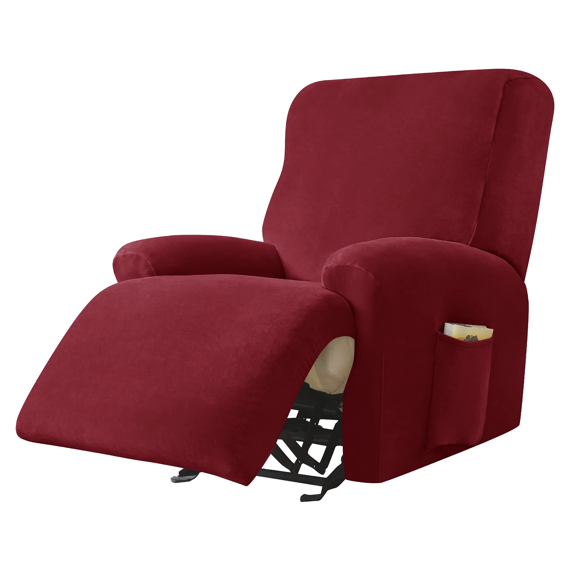 4-Piece Stretch Velvet Recliner Cover with Side Pockets - Anti-Slip Furniture Protector for Reclining Sofa & Chair - Perfect for Living Room, Home Theater & Family Room Comfort