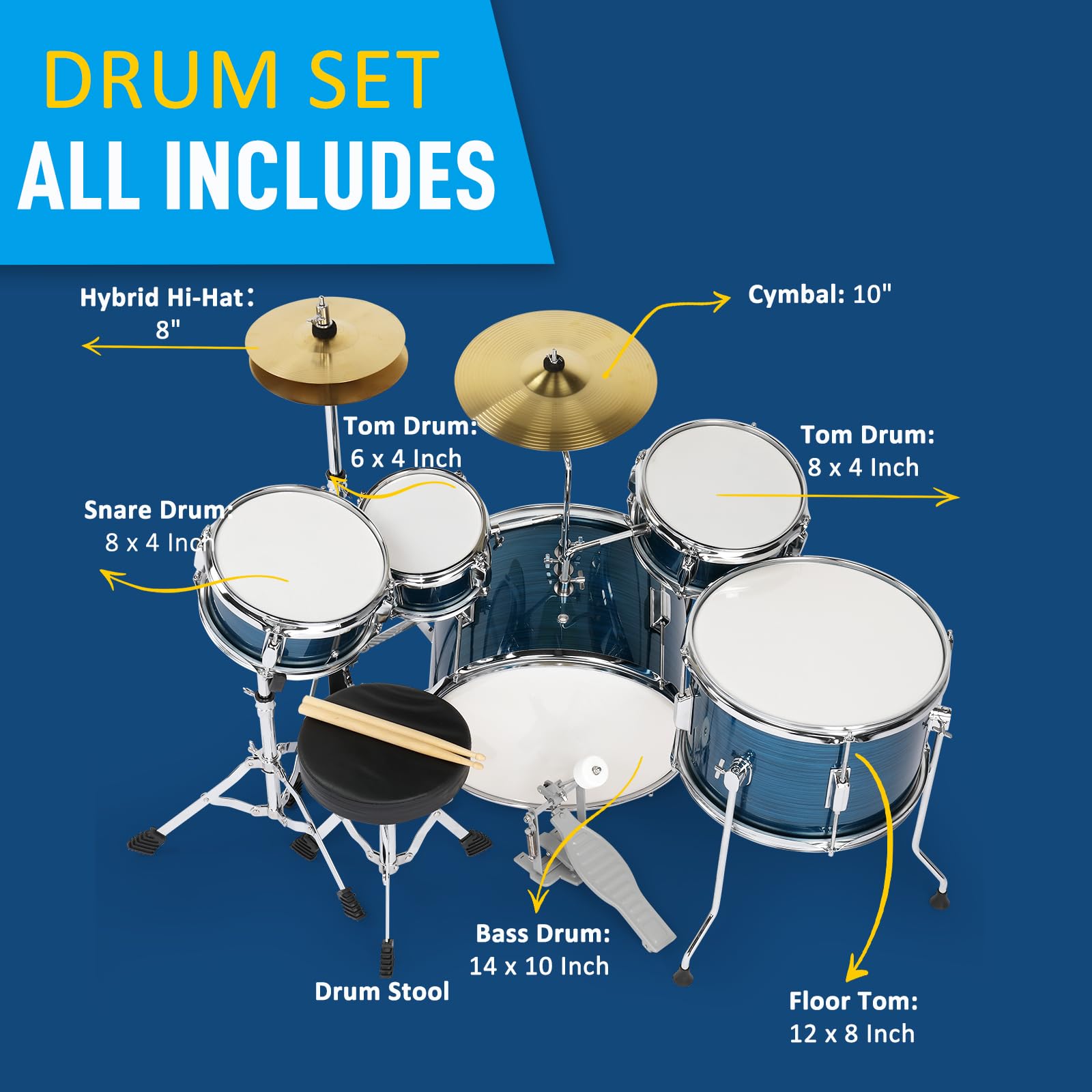 **Ktaxon 5-Piece Complete Junior Drum Set for Kids – 14 Inch Beginner Drum Kit with Throne Stool, Pedal, Drumsticks & Cymbals (Hi-Hat, Floor, Tom, Snare) – Brushed Blue – Perfect for Home Practice, Music Lessons & Kids' Performances**
