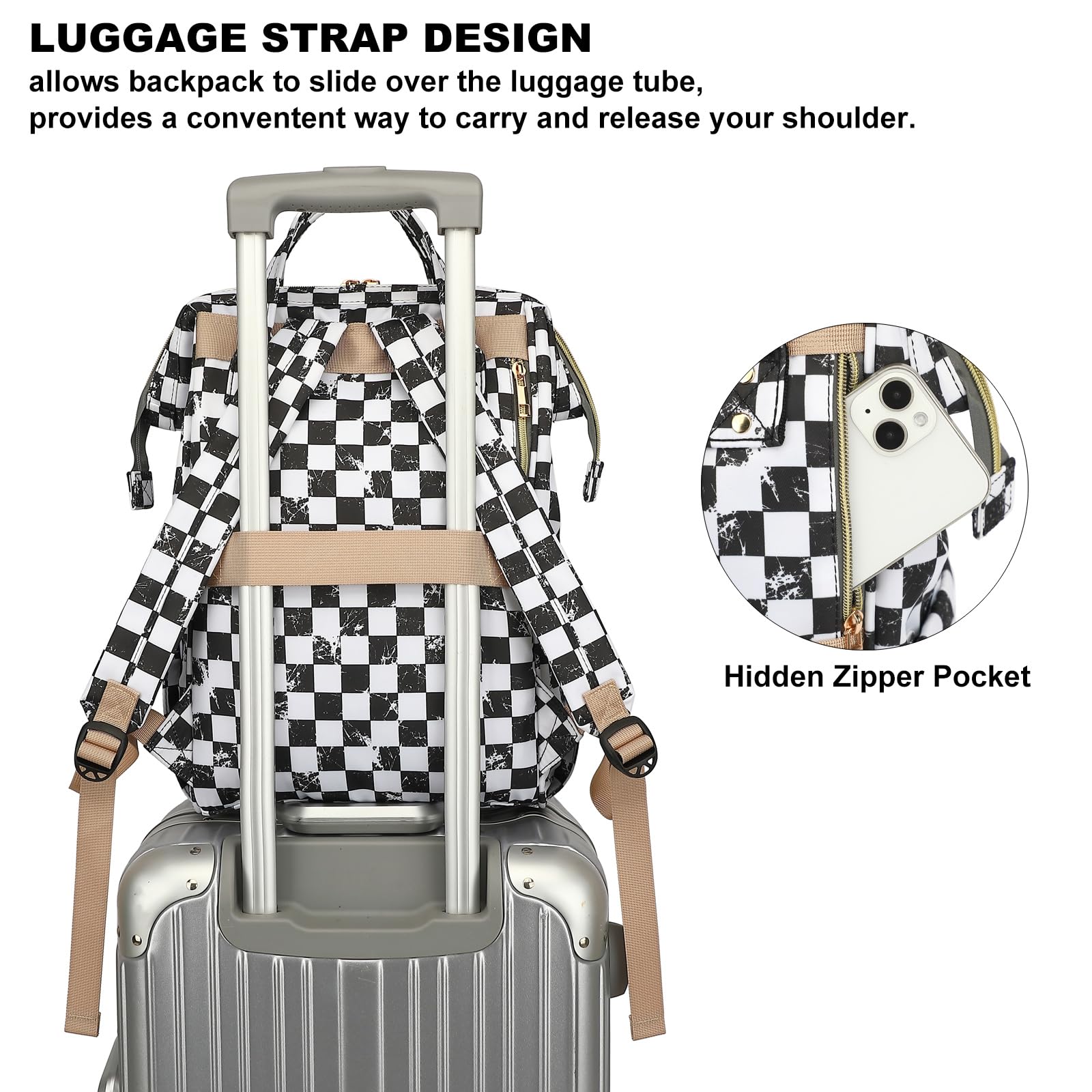 Stylish Women's Laptop Backpack - 15.6 Inch Waterproof College Bookbag for School, Work & Business Travel (Marble Checkered Pattern) - Perfect for Commuting, Campus Life & Office Professionals