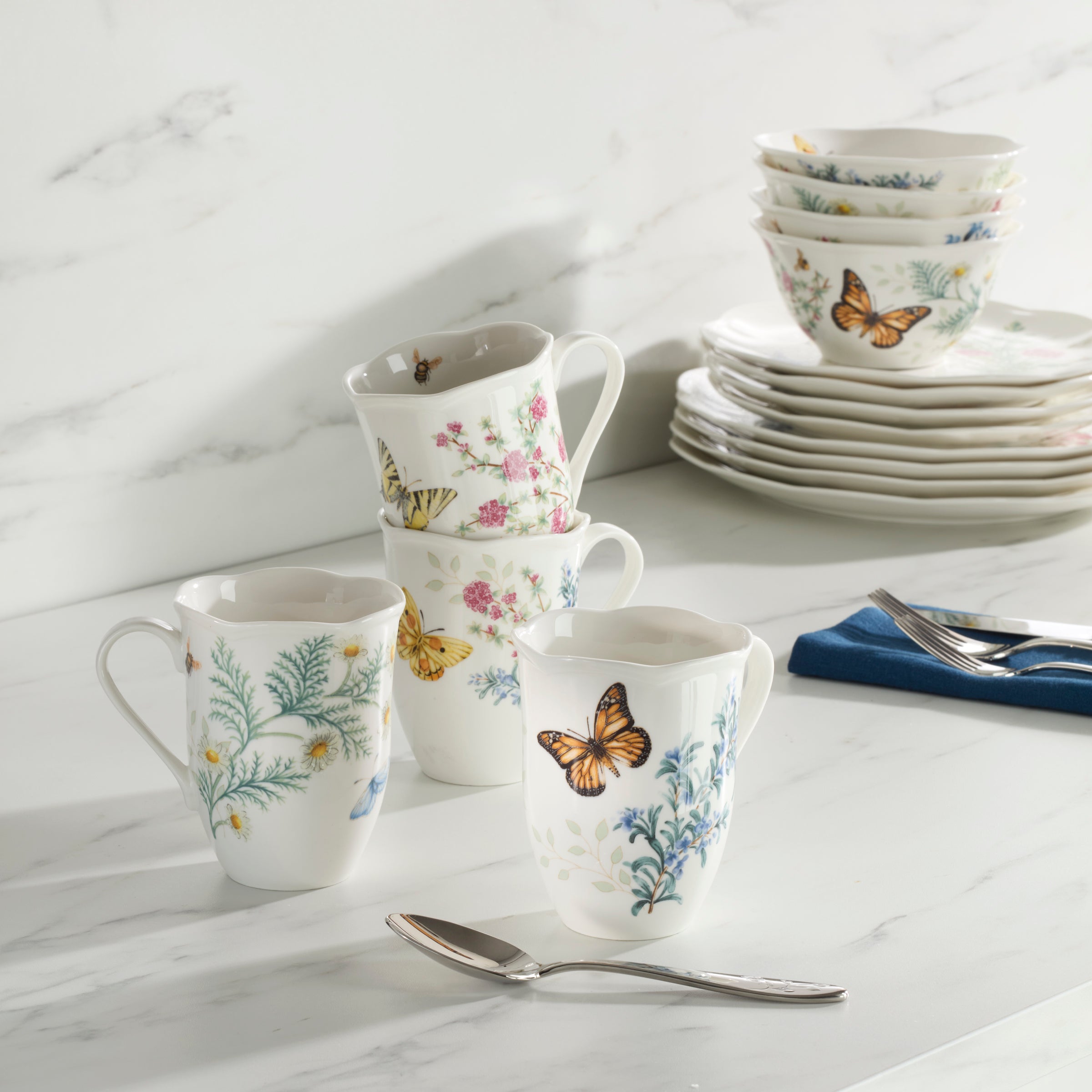 Butterfly Meadow Herbs Coffee Mugs Set of 4 - Ceramic Tea Cups for Home, Office & Gifts | Floral Design for Herbal Tea & Hot Beverages