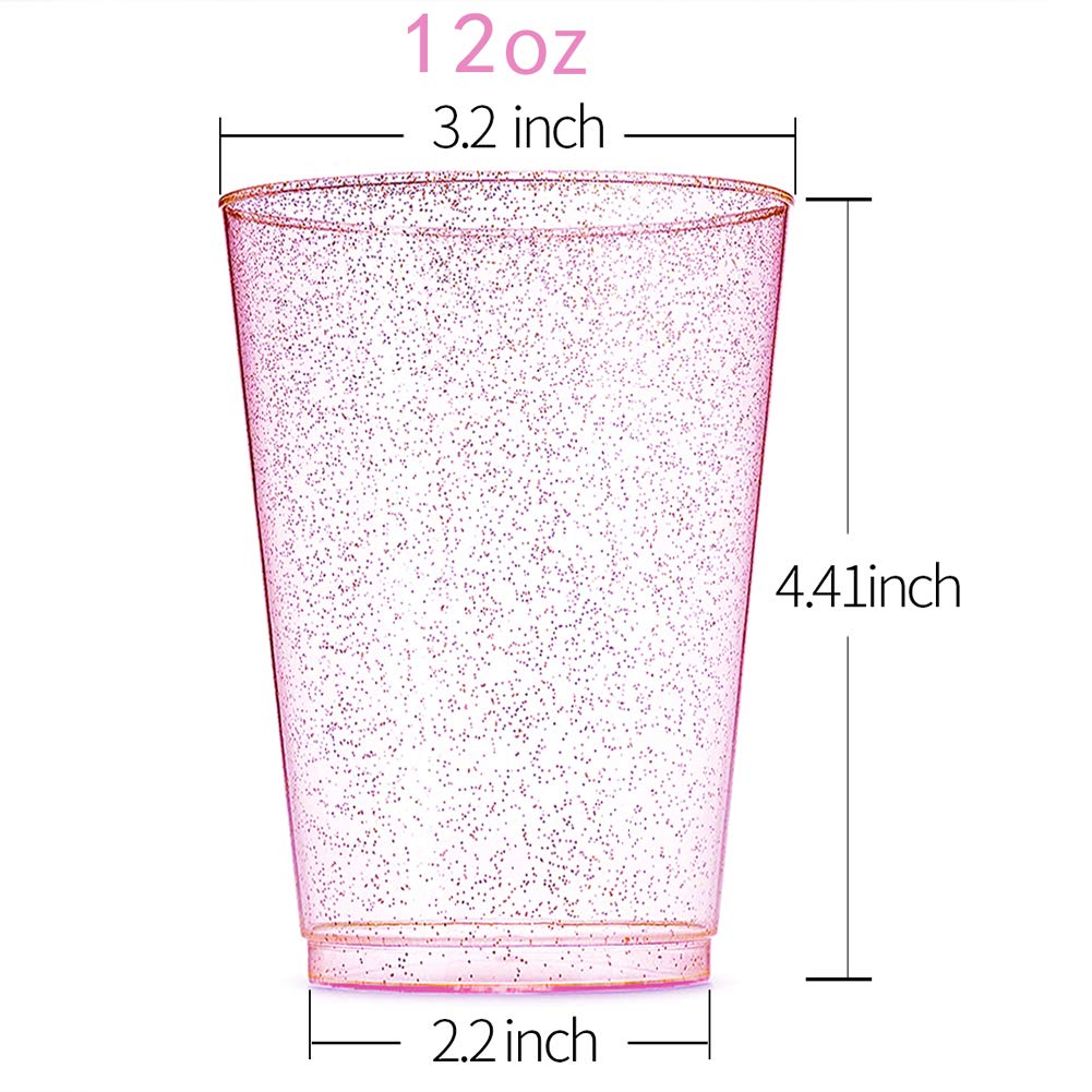 100-Pack 12oz Rose Gold Glitter Plastic Cups - Premium Disposable Wedding & Party Cups for Easter, Bridal Showers, Baby Showers & Celebrations - Elegant Rose Gold Pink Cups for Special Occasions