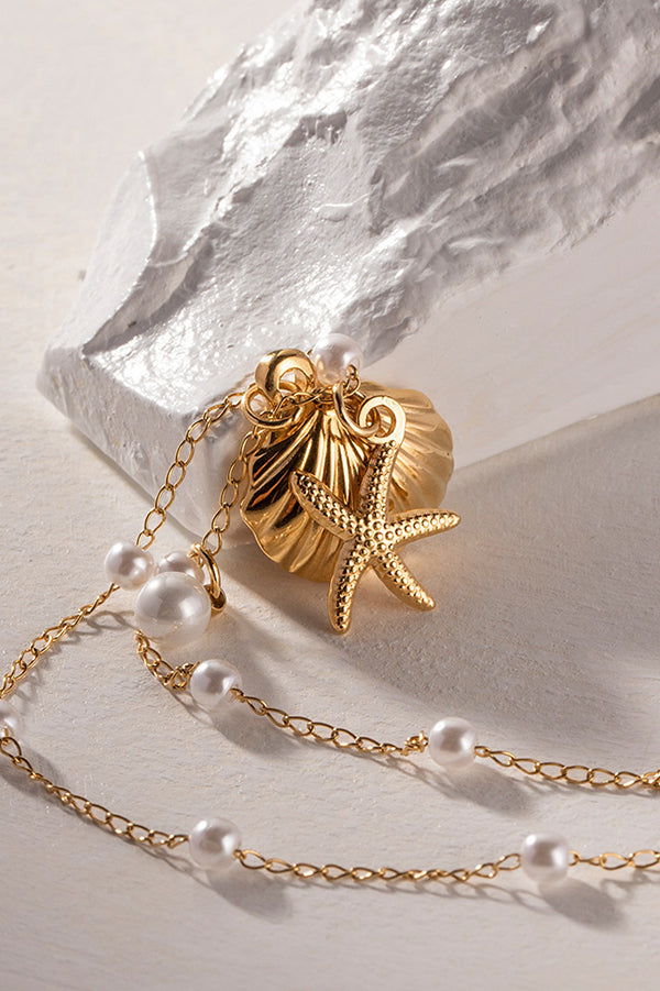 Ocean Series Pearl Necklace with Starfish & Conch Shell Charm - Elegant Beach Jewelry for Summer Vacation, Wedding, and Boho Fashion Accessories
