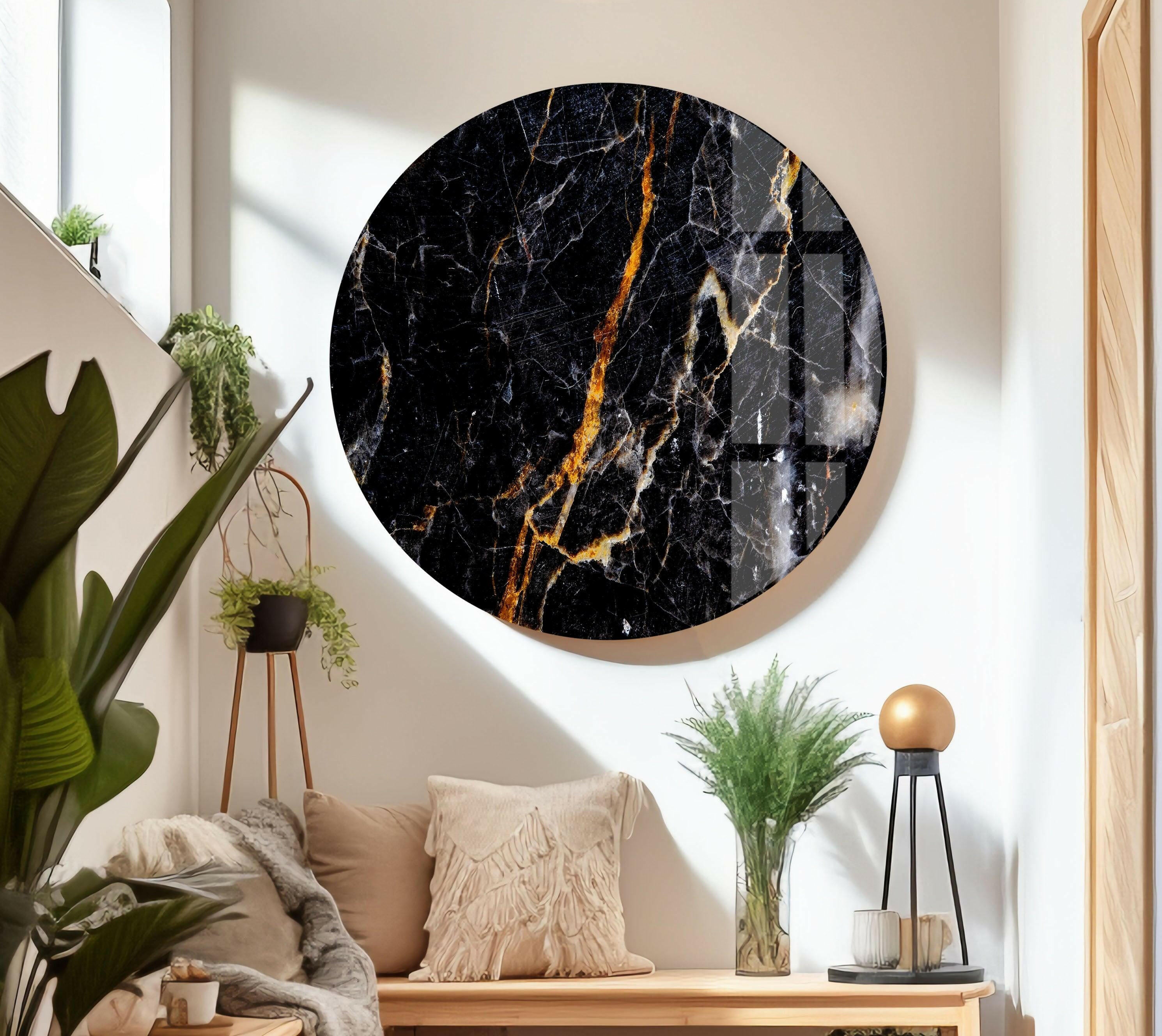 Black & Orange Marble Abstract Glass Wall Art - Modern Home Decor for Living Room, Bedroom & Office - Unique Handmade Glass Painting for Contemporary Interior Design