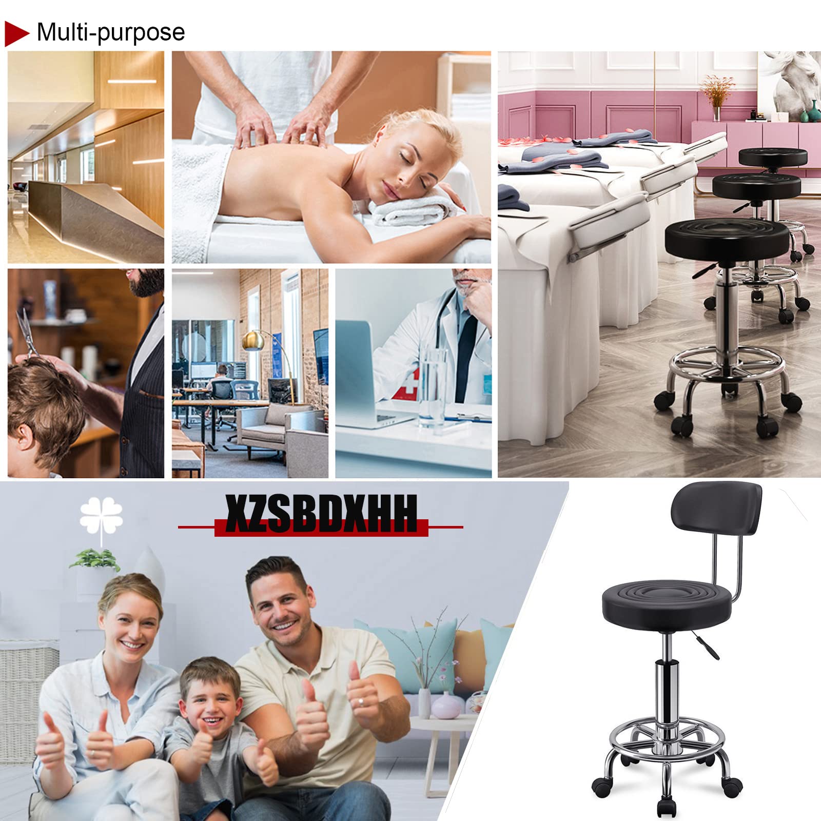 Adjustable Height Round Rolling Swivel Stool with Backrest - Heavy Duty Hydraulic Metal Bar Stool with Footrest & 5 Wheels for Kitchen, Salon, Office, Massage (Black Backrest) - Perfect for Home Bars, Hair Salons & Workstations