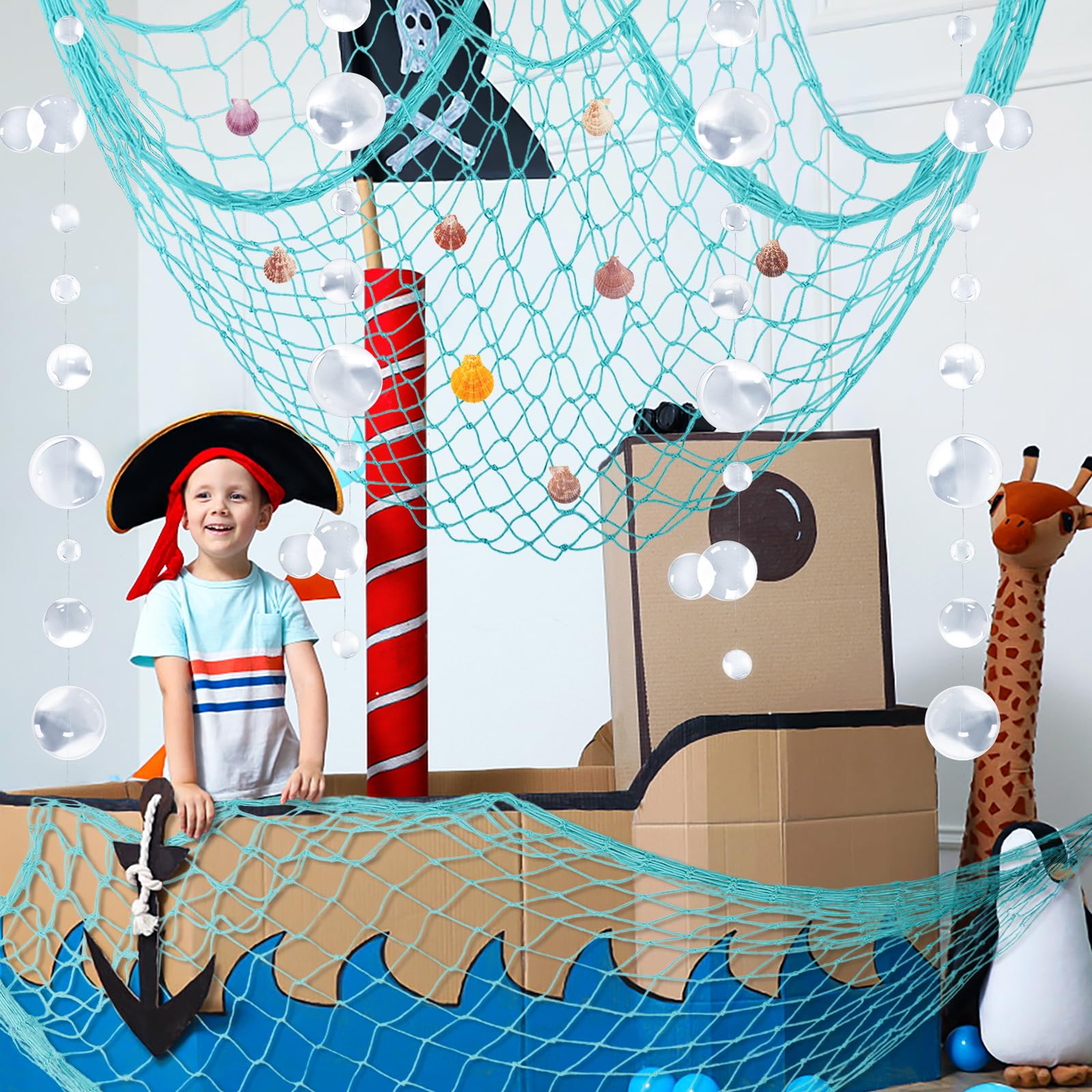 Nautical Party Decorations - Natural Cotton Fishnet with Shells & White Bubble Garlands for Pirate, Wedding, Birthday & Beach Theme Parties | Mermaid Decor, Sky Blue | Perfect for Coastal Weddings, Ocean-Themed Events & Summer Beach Parties