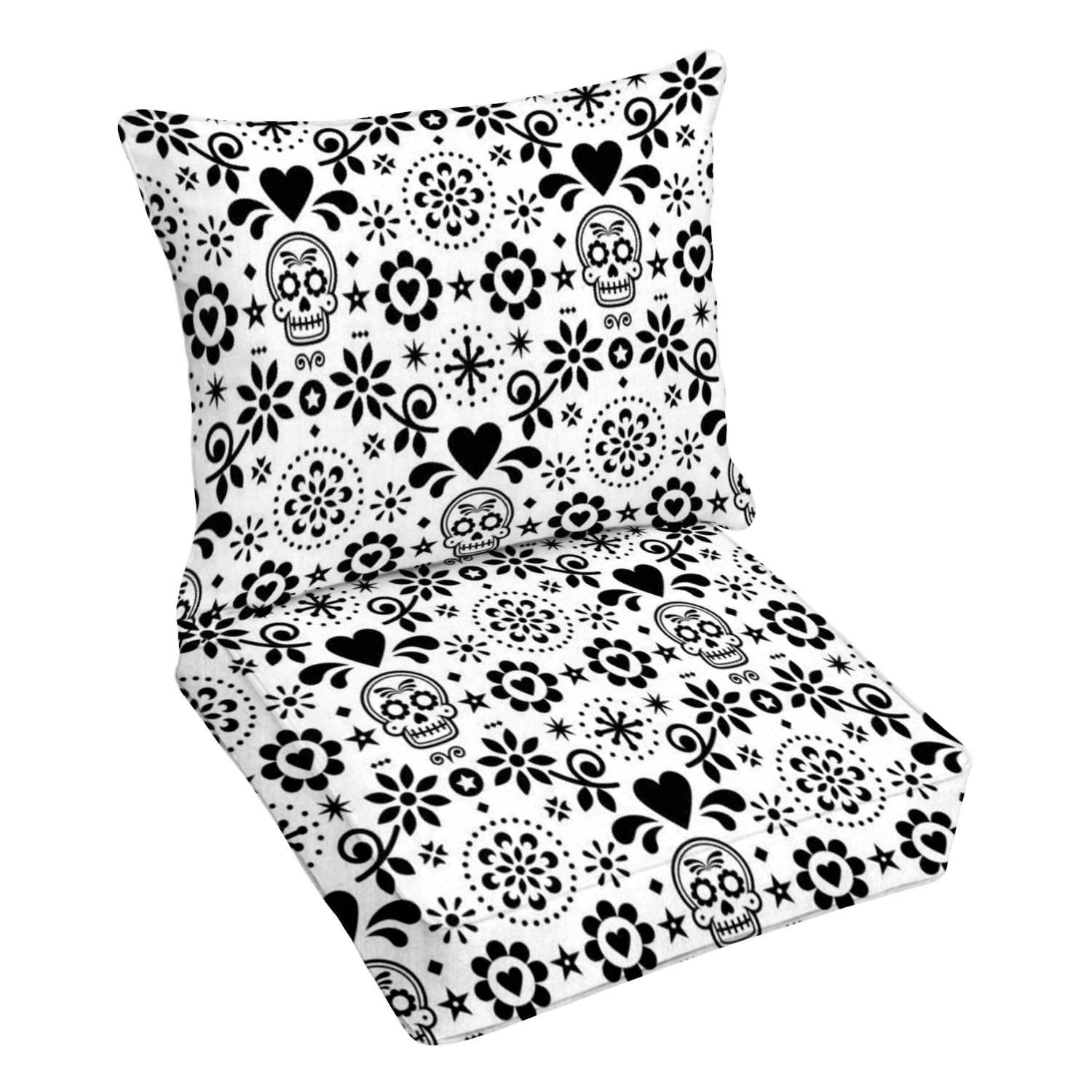 Premium Outdoor Deep Seating Cushion Set - Sugar Skull Design Inspired by Mexican Folk Art (Dia de Los Muertos) - Waterproof Patio Furniture Replacement Cushions for Lounge Chairs, Sofas & Conversation Sets - Perfect for Backyard, Poolside & Garden Relaxation
