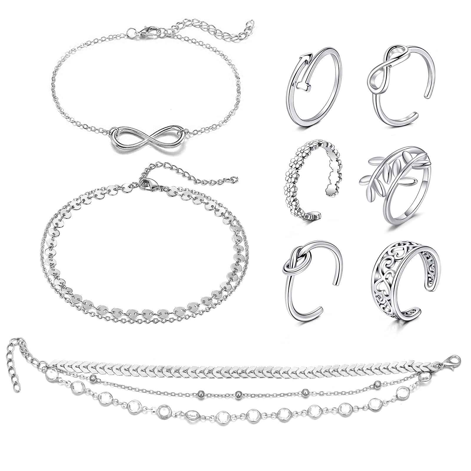 Adjustable Open Toe Rings for Women with Anklet Set - CZ Flower Summer Beach Foot Jewelry - Perfect for Vacation, Sandals, Pedicures & Boho Fashion