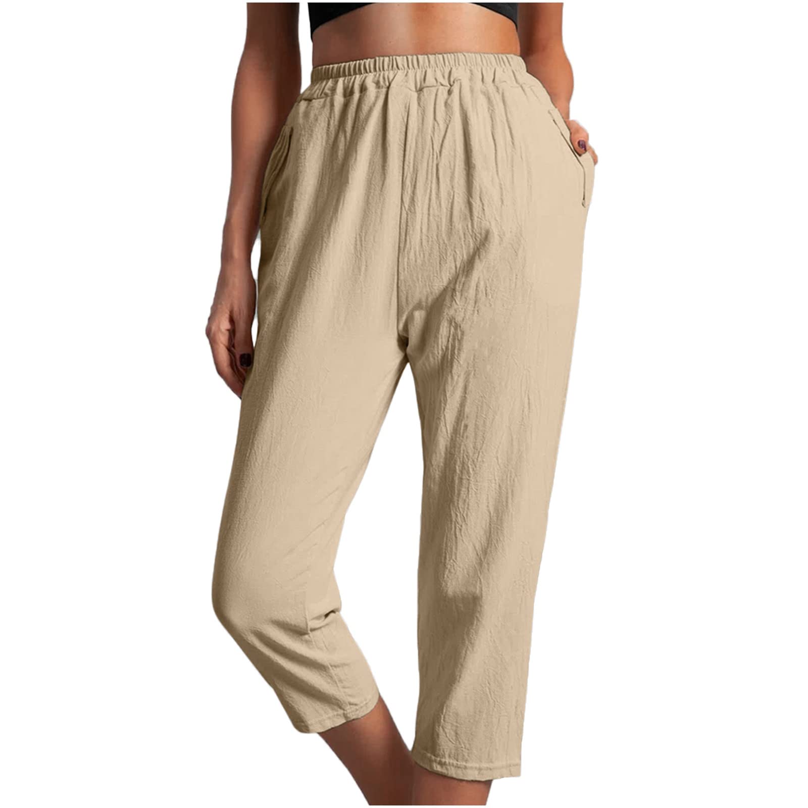 APIVOE Women's Cotton Linen Capri Pants - Elastic Waistband, Solid Color, Loose Fit Comfortable Casual Cropped Harem Pants with Pockets | Perfect for Work, Travel & Summer Outfits