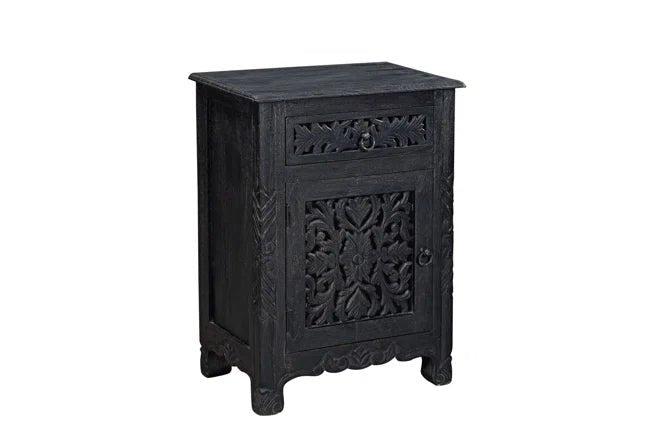 Hand Carved Black Nightstand Table - Solid Wood Bedside Table with Drawer for Bedroom, Living Room & Office Furniture Decor