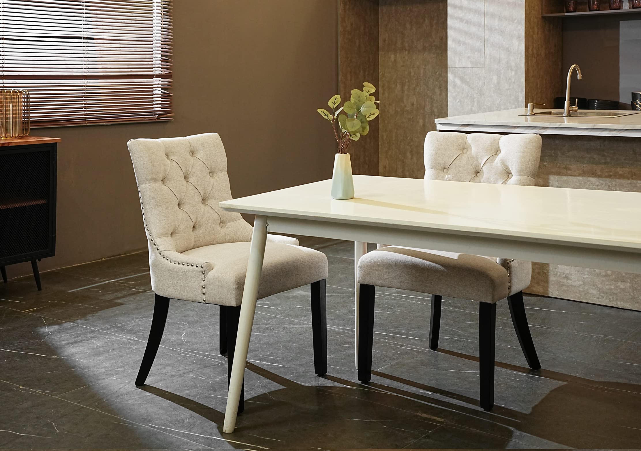 Modern Cream Fabric Tufted Dining Chairs Set of 2 - Upholstered Kitchen Chairs with Black Wood Legs for Dining Room & Living Room Accent | Comfortable Seating for Family Meals & Cozy Gatherings
