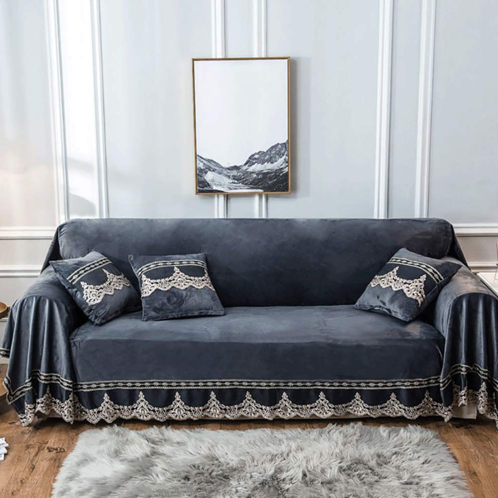 Soft Plush Velvet Sofa Cover Slipcover - 1 2 3 4 Seater Couch Protector with Anti-Slip Design, Vintage Lace Trim, Skin-Friendly Fabric (Grey, 200x260cm/79x102in) - Perfect for Living Room Furniture Protection & Home Decor Upgrade