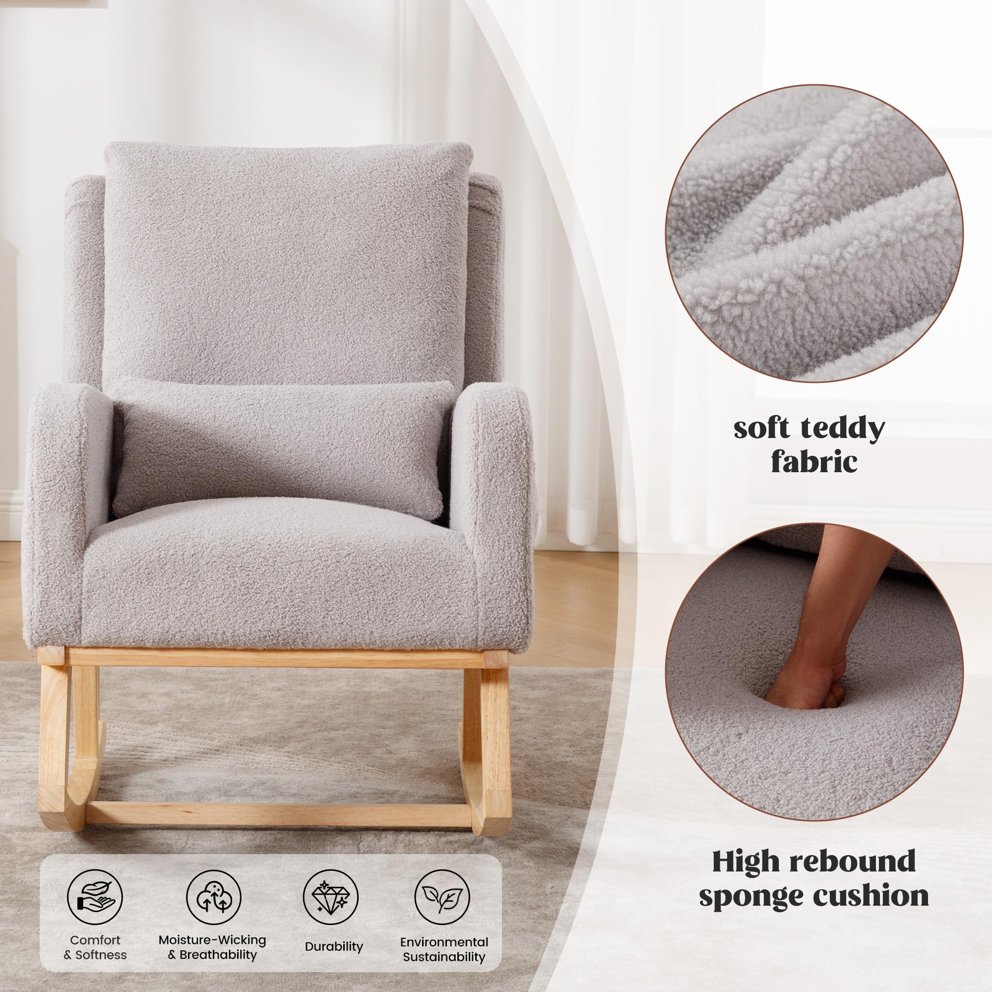Sherpa Nursing Rocking Chair - Modern Upholstered Nursery Glider Rocker with Pillow for Mom, Baby Nursery, Living Room & Bedroom - Soft Teddy Light Grey - Perfect for Breastfeeding, Relaxing & Nursery Decor