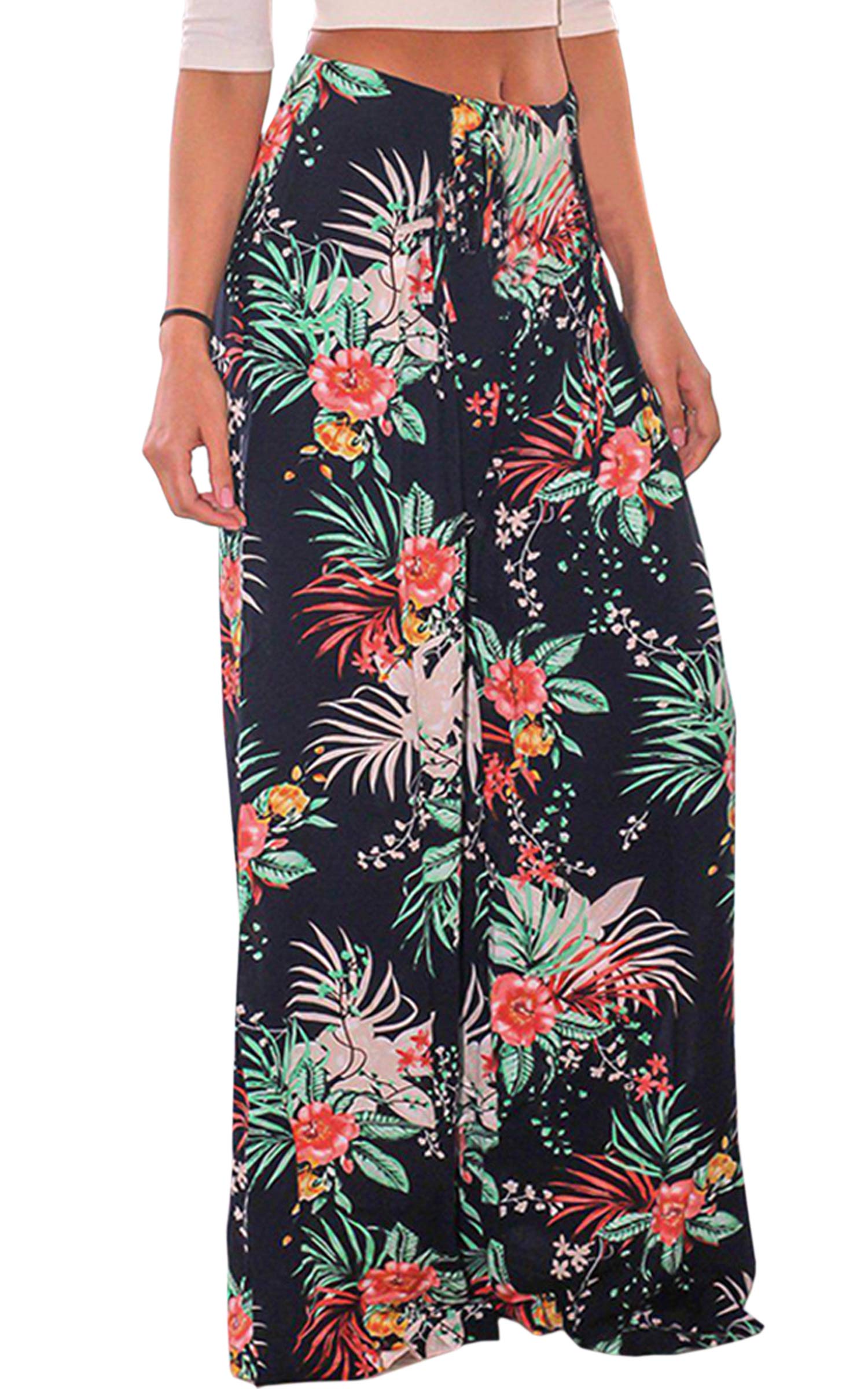 ECOWISH Women's Wide Leg Palazzo Pants - High Waist Flared Trousers with Pockets | Tropical Floral Print | Summer Casual Wear for Beach, Vacation & Everyday Outfits