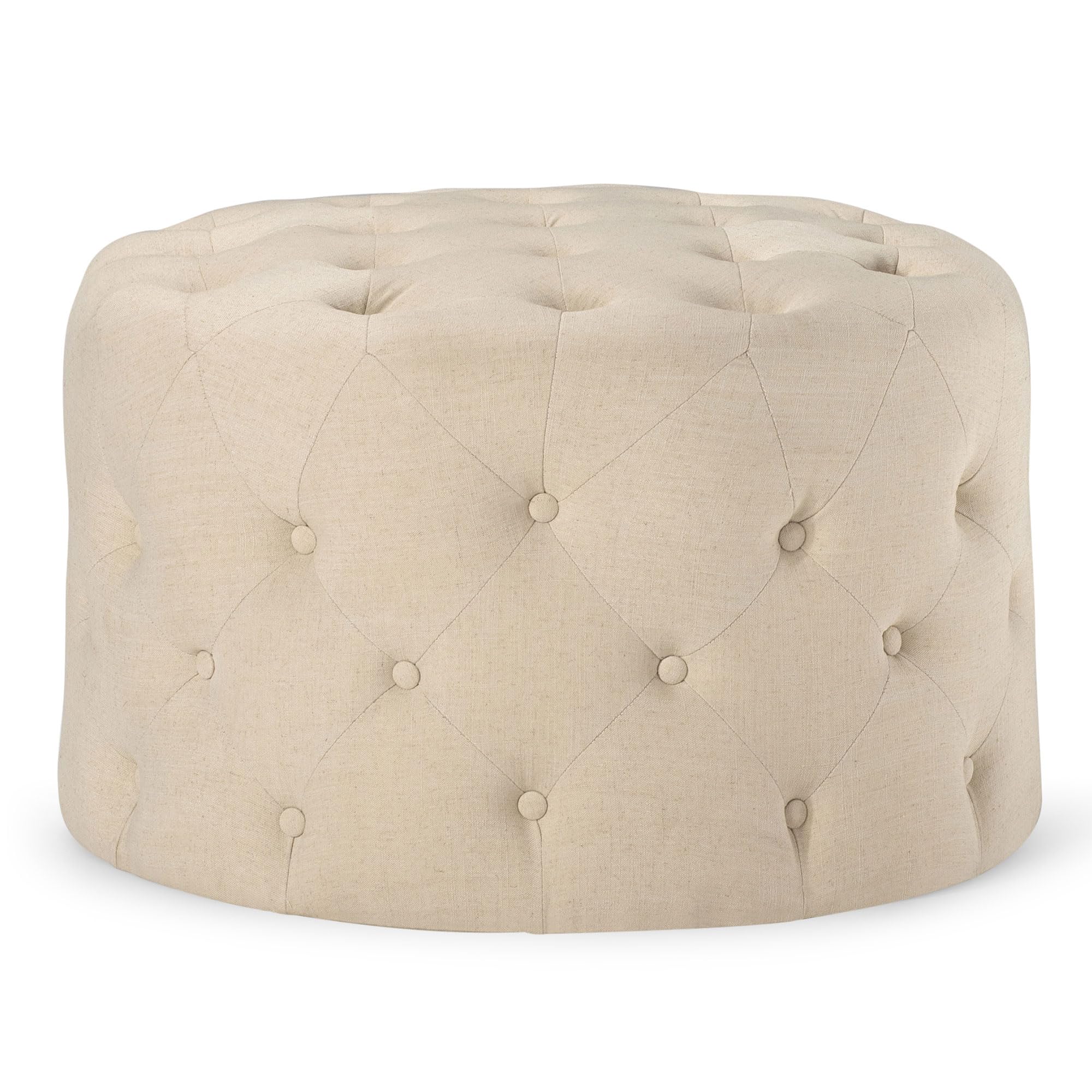 Maven Lane Marcy Traditional Large Round Ottoman with Cushioned Seat - Rustic Taupe Fabric Upholstered Footrest for Living Room, Bedroom, Dorm | Perfect for Extra Seating, Footrest, Coffee Table & Home Decor