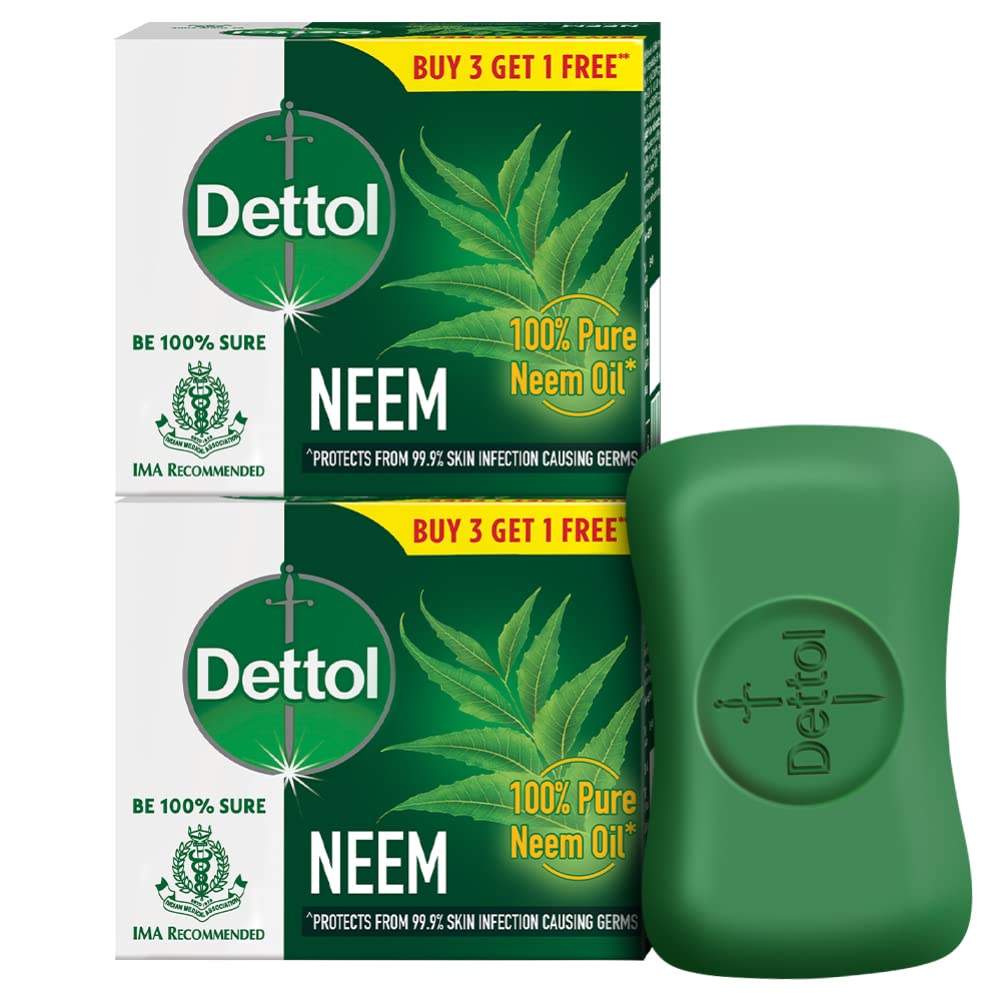 Dettol Neem Bathing Soap Bar with Pure Neem Oil - 75g (Pack of 2) | Antibacterial & Skin Care | Buy 3 Get 1 Free Combo Offer | Ideal for Daily Hygiene, Acne Treatment & Germ Protection