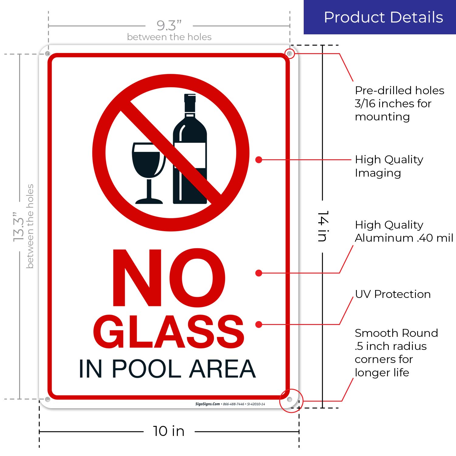 No Glass in Pool Area Sign - 10x14 Inches Rust-Free .040 Aluminum, Fade-Resistant, Made in USA - Durable Pool Safety Sign for Hotels, Resorts & Backyard Pools