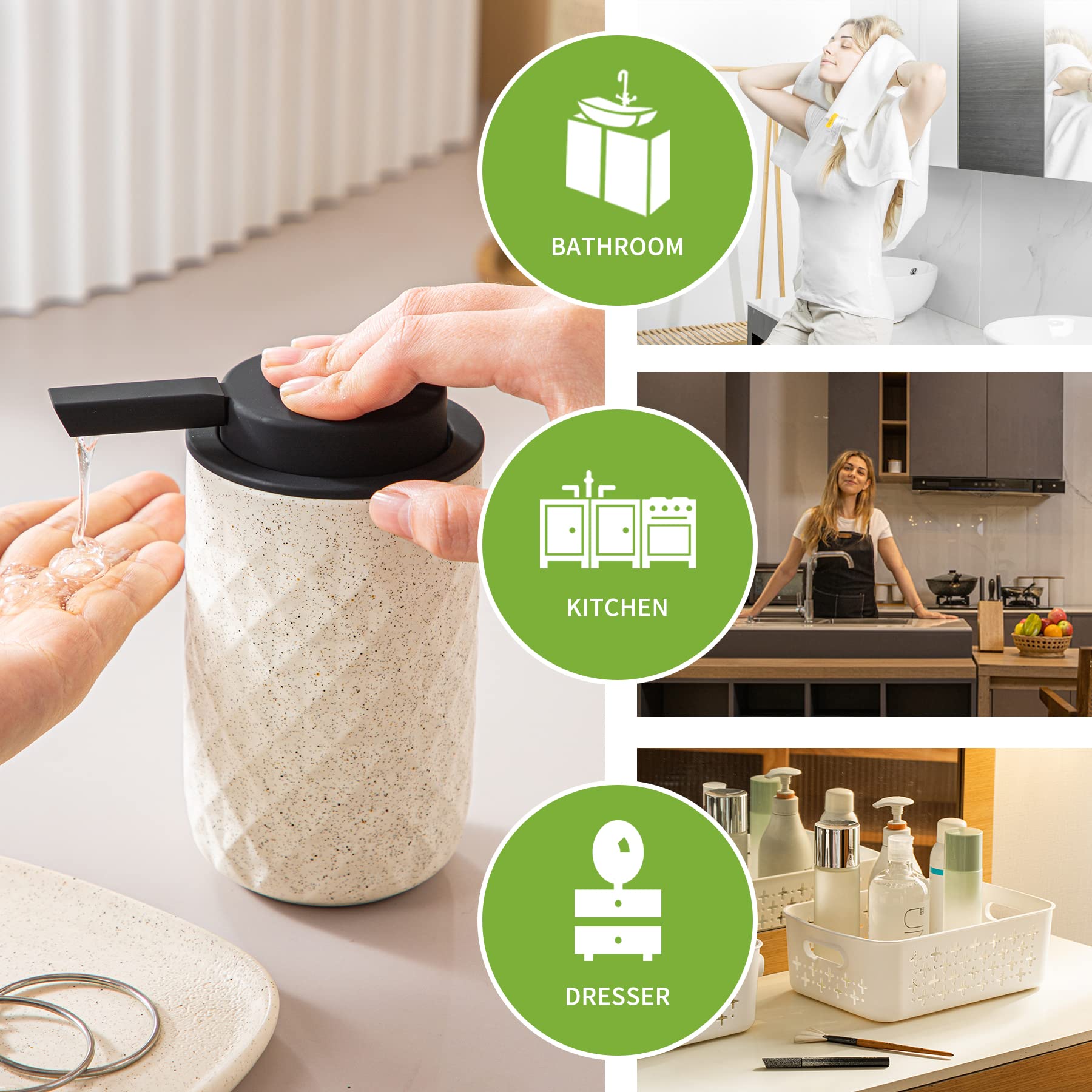 12oz Ceramic Hand Soap Dispenser - Decorative Rhombus Pump Bottle for Kitchen & Bathroom | Off-White | Perfect for Liquid Soap, Lotion & Dish Soap Storage | Elegant Countertop Organizer for Home, Office & Spa