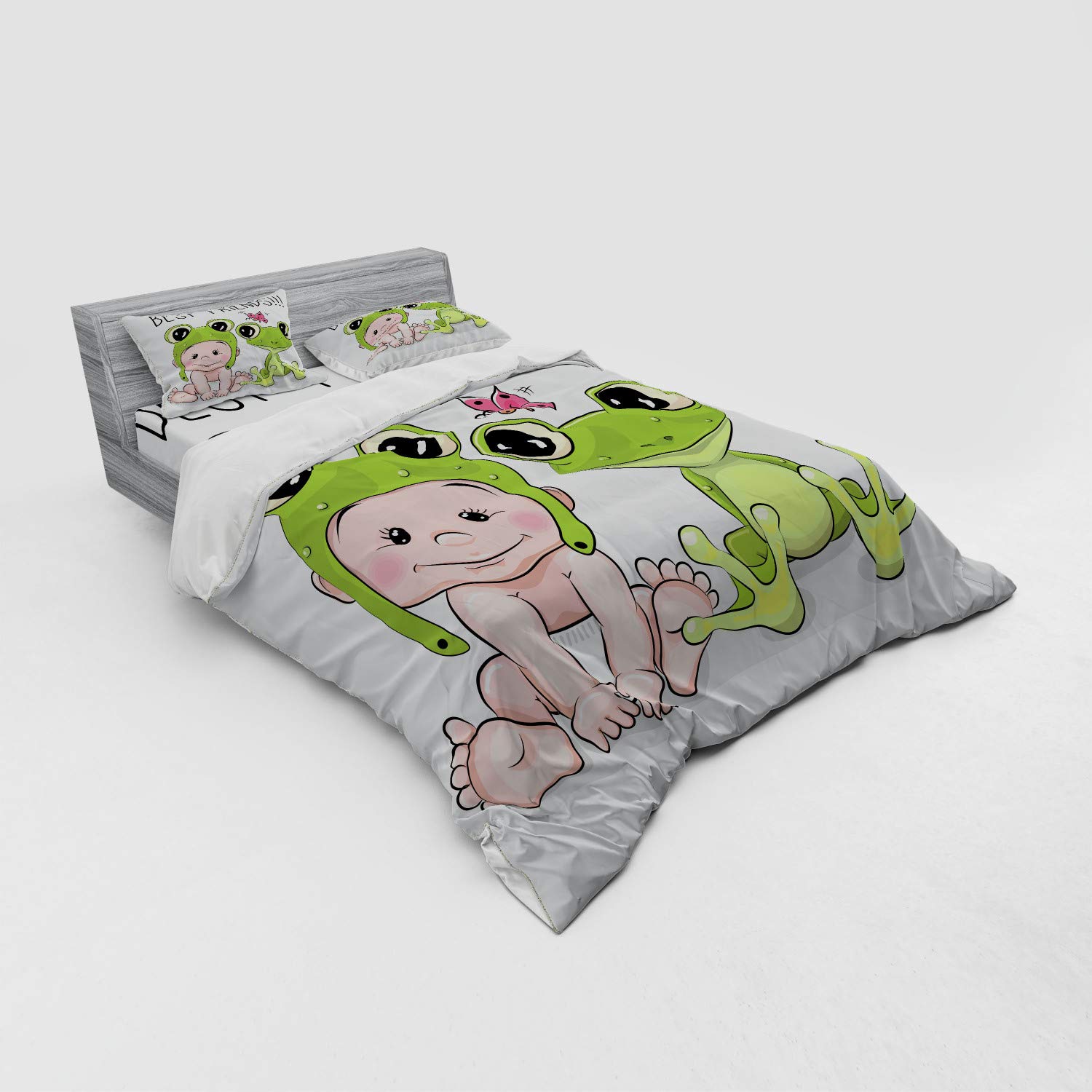 Ambesonne 3-Piece Queen Size Duvet Cover Set - Froggy Hat & Frog Best Friends Love Theme, White Cream Green Animal Print Bedding with Pillow Sham & Fitted Sheet - Perfect for Kids' Rooms, Nursery Decor or Frog-Themed Bedrooms