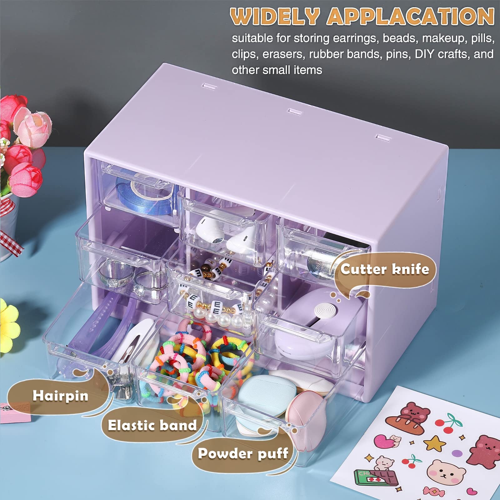 Amyhill 6-Piece Mini Drawer Organizer Set - 9-Drawer Plastic Desktop Storage Box for Office, Home & Craft Supplies | Perfect for Jewelry, Cosmetics & Small Item Organization (Purple) | Ideal for Bedroom, Bathroom & Workspace Clutter Control