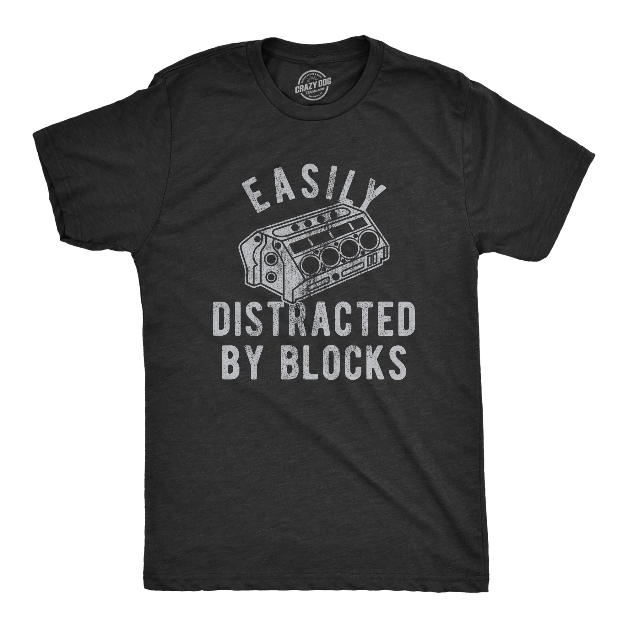 Funny Car Engine Lovers Graphic T-Shirt for Men - Novelty Easily Distracted by Blocks Tee - Perfect Gift for Mechanics & Automotive Enthusiasts