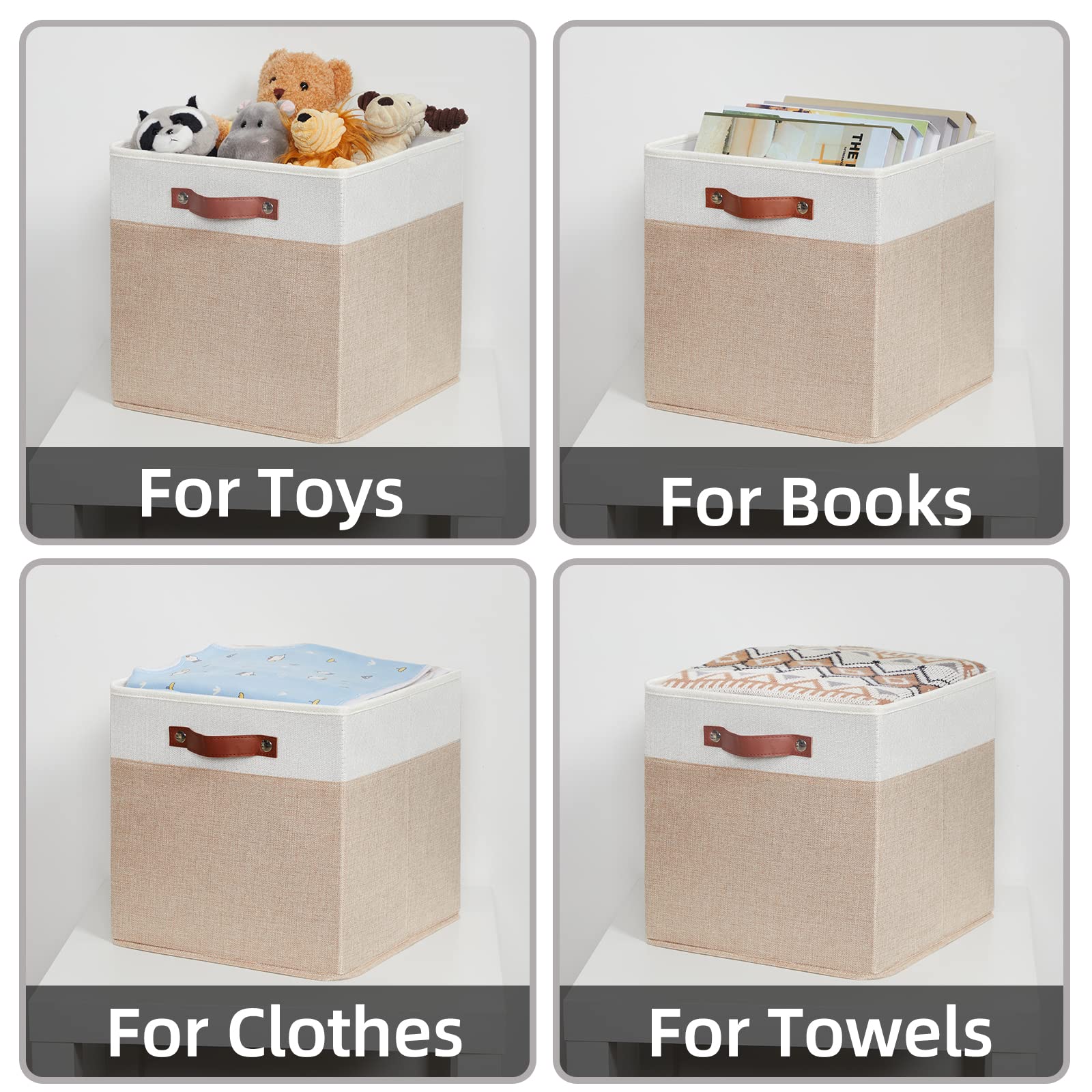 HNZIGE 13x13 Fabric Storage Baskets - Set of 4 Foldable Canvas Organizer Bins for Shelves, Cube Organizers, Nursery, Closet & Bedroom (Beige & White) | Perfect for Toy Storage, Home Organization & Closet Decluttering