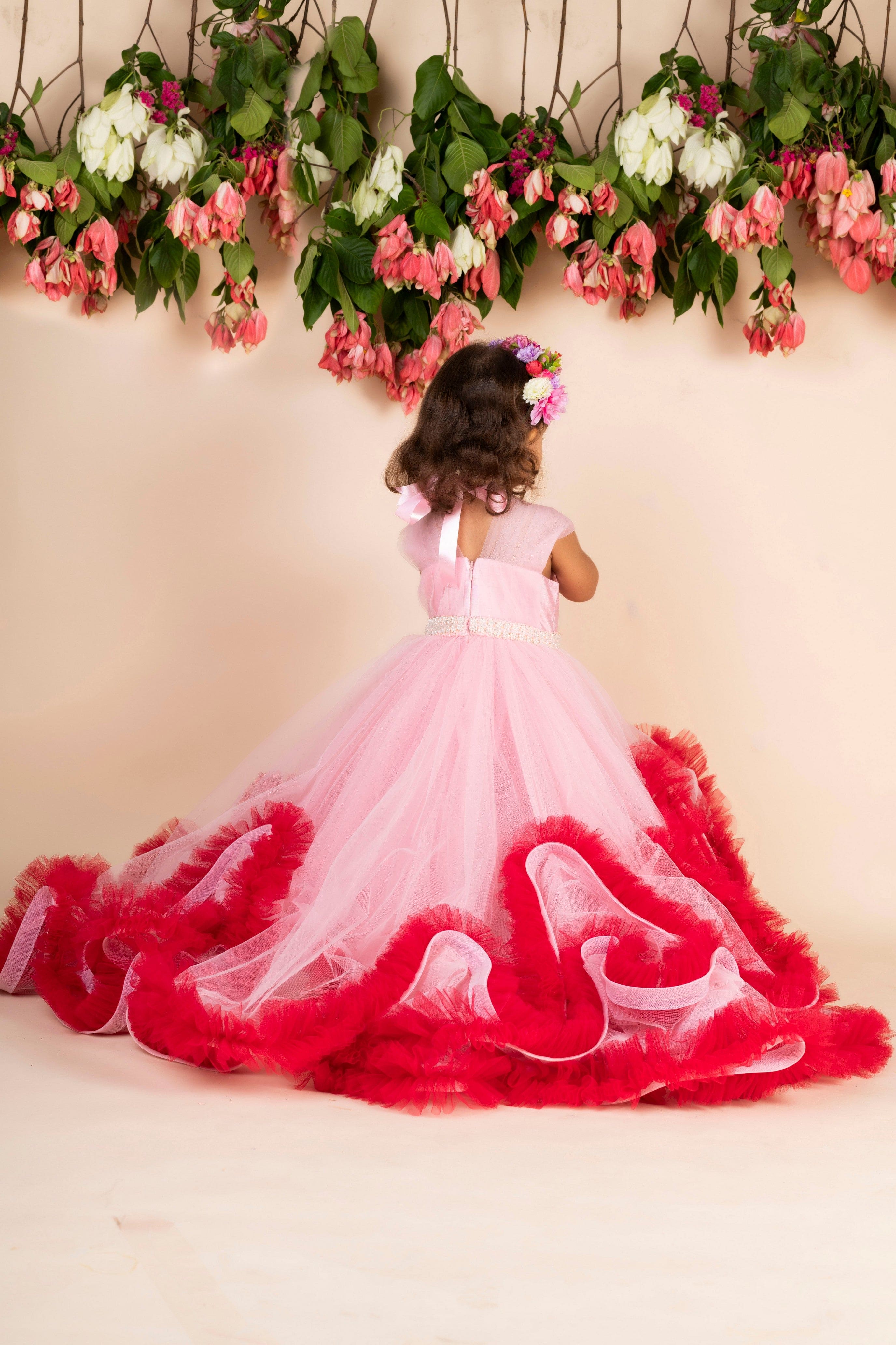 Pre Order: Elegant Pink Wine Trail Ruffled Gown - Perfect for Weddings, Parties & Special Occasions