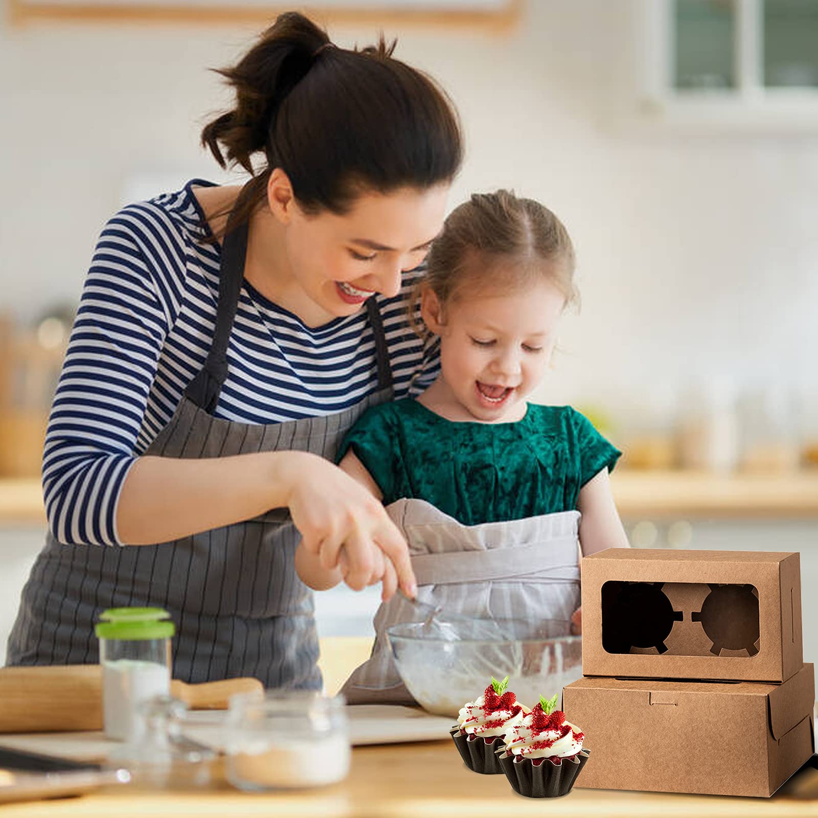 Premium Kraft Paper Cupcake Boxes with Clear Window & Inserts - Set of 15 | Bakery-Style Dessert Display Boxes for Cupcakes, Pastries, Cookies & Treats | Perfect for Parties, Weddings, Baby Showers & Gift Packaging