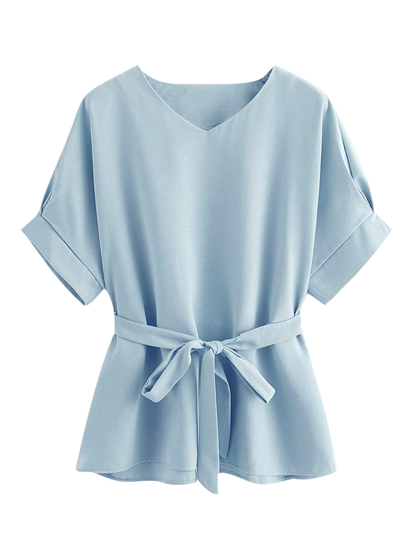 Milumia Women's Casual V-Neck Self-Tie Short Sleeve Blouse Tunic Top for Work | Office Wear & Summer Outfits | Flowy Loose Fit Shirt for Business Casual & Daily Wear