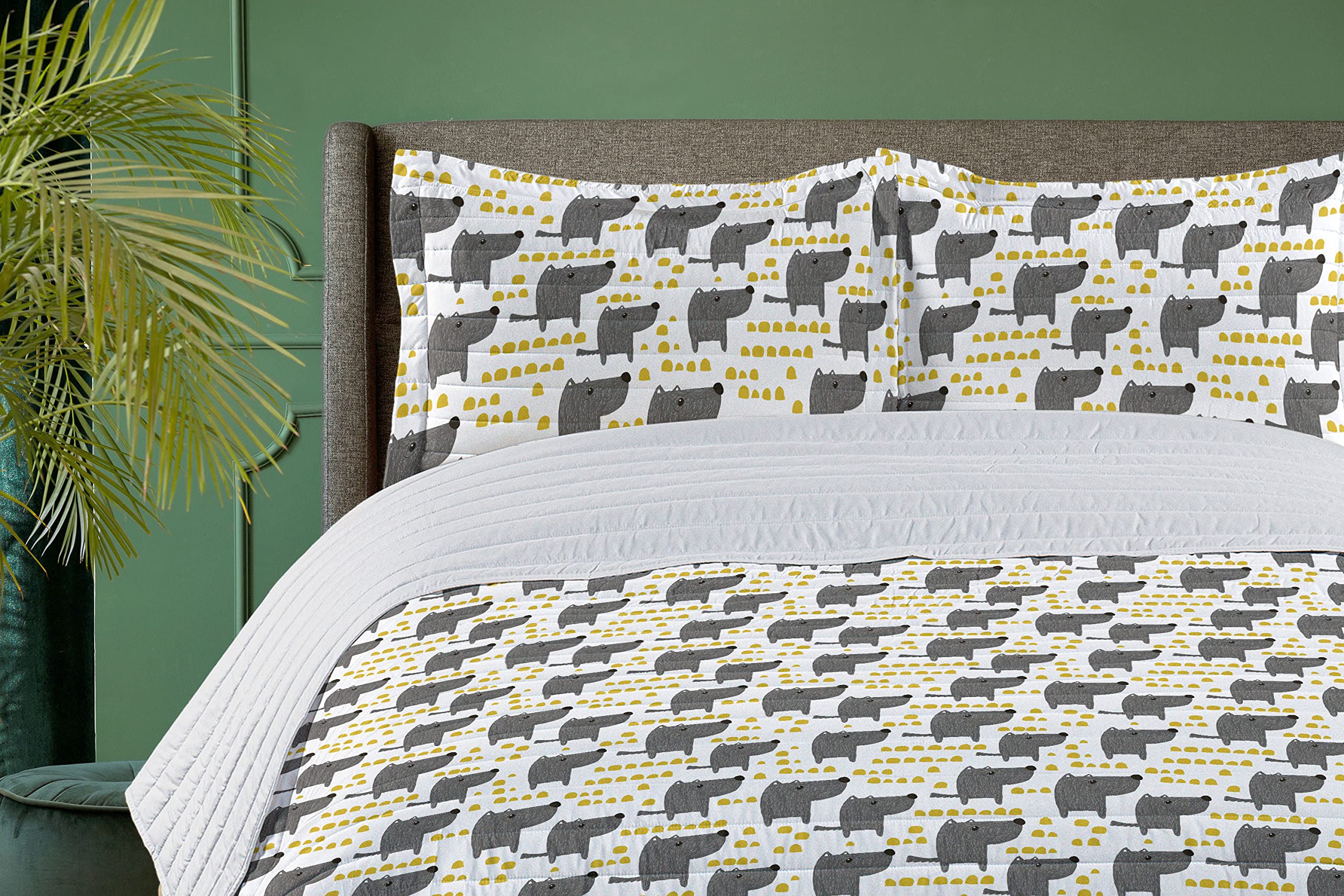 Ambesonne King Size Dog Themed Microfiber Bedspread Set - Abstract Yellow Dots & Grey Cartoon Pet Design with Matching Pillow Shams & Comforter - Soft Bedding for Dog Lovers' Bedroom Decor (Grey Marigold White)