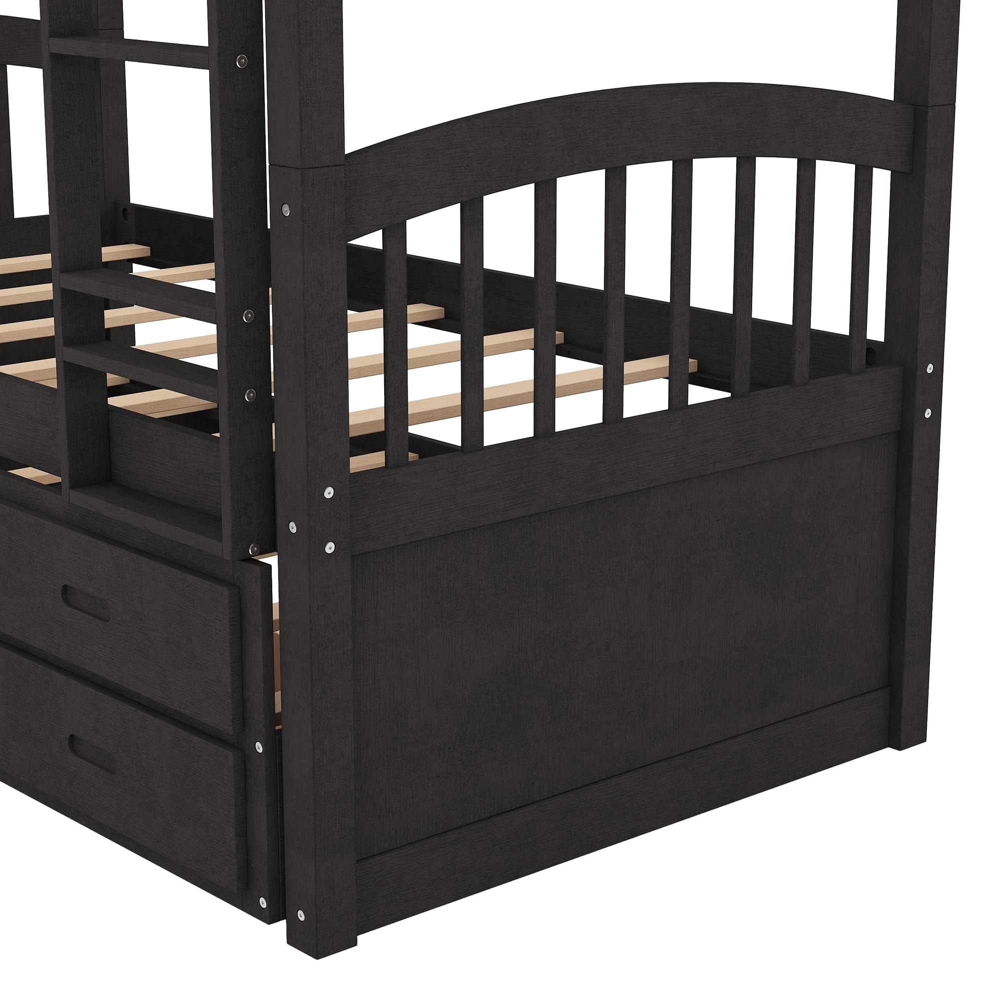 P PURLOVE Twin Over Twin Bunk Bed with Trundle & Storage Drawers - Solid Wood Detachable Bunk Bed Converts to 2 Twin Daybeds - Space Saving Kids Bedroom Furniture for Small Rooms, Guest Rooms & Vacation Homes